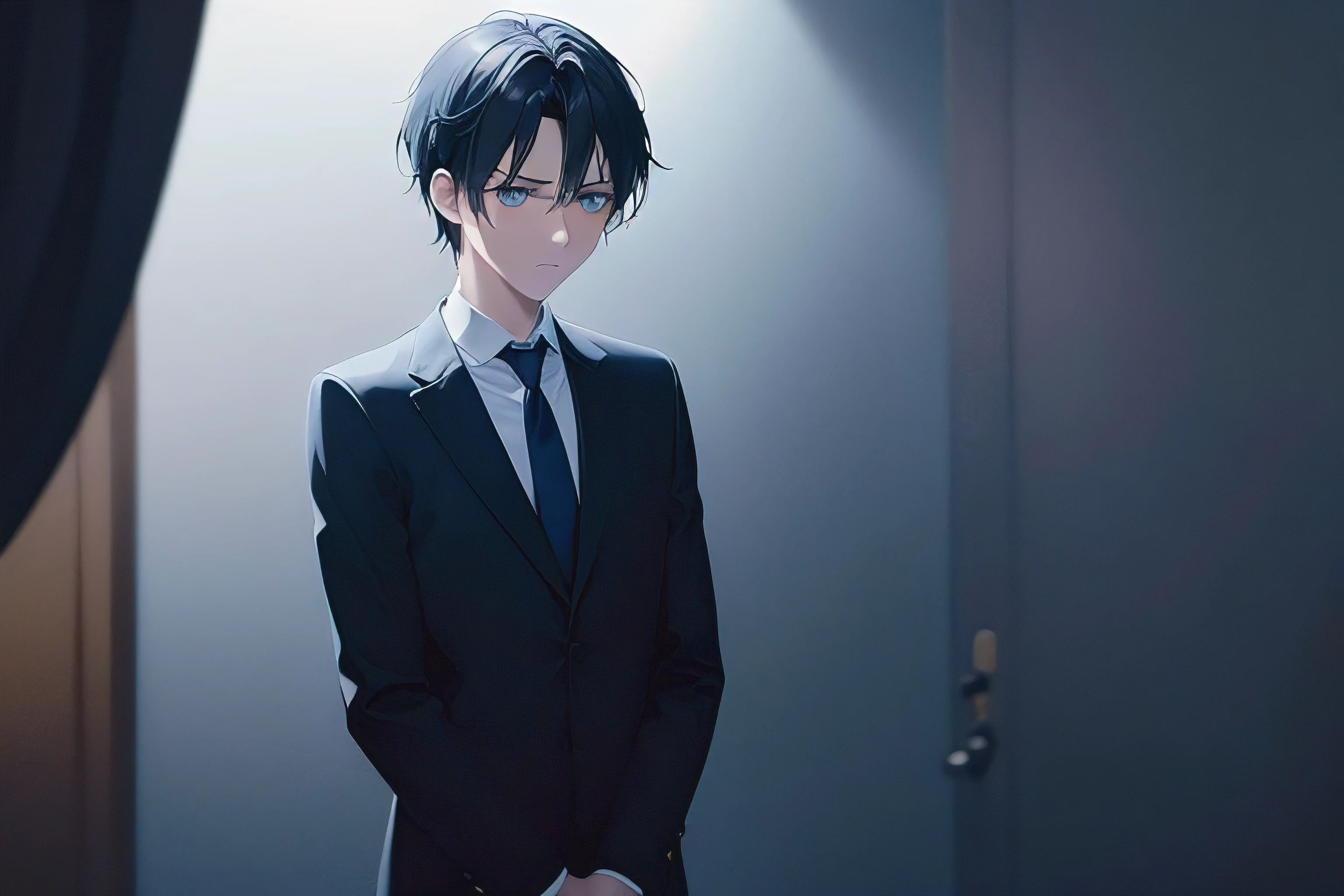 dutch angle, (looking away:2), masterpiece, high quality, 25-year-old man with short black hair and blue eyes, wearing a white shirt, wearing a dark blue tie, (Alone:2), (Expressionless:2), The background is a dark bedroom, bold composition, dark lighting, dim lighting, subject on left side of picture, subject looking to right of picture, hotel room, dark lighting, expressionless male, dark blue hue lighting