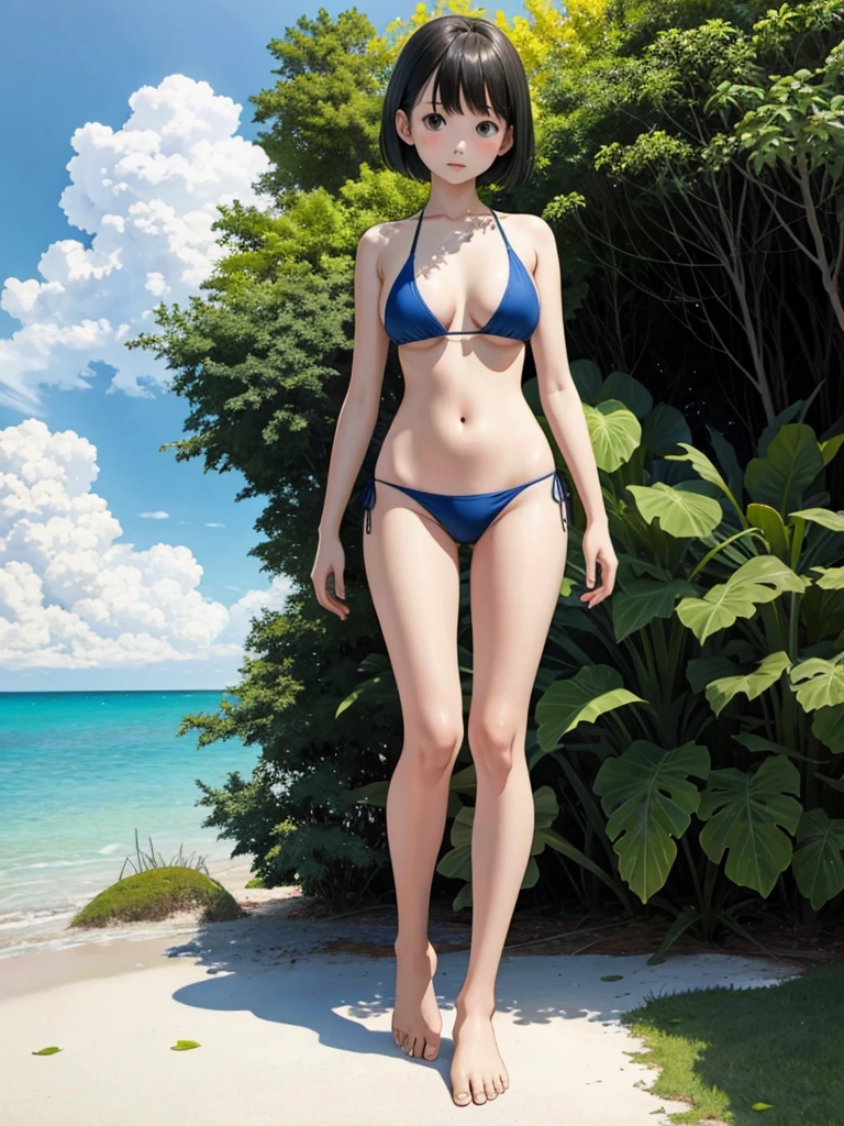 1girl、highest quality、Masterpiece、Official Art、Award-winning works、Standing in front of the viewer、vtuber-fullbody、Simple bikini、barefoot、short hair、depth of field
