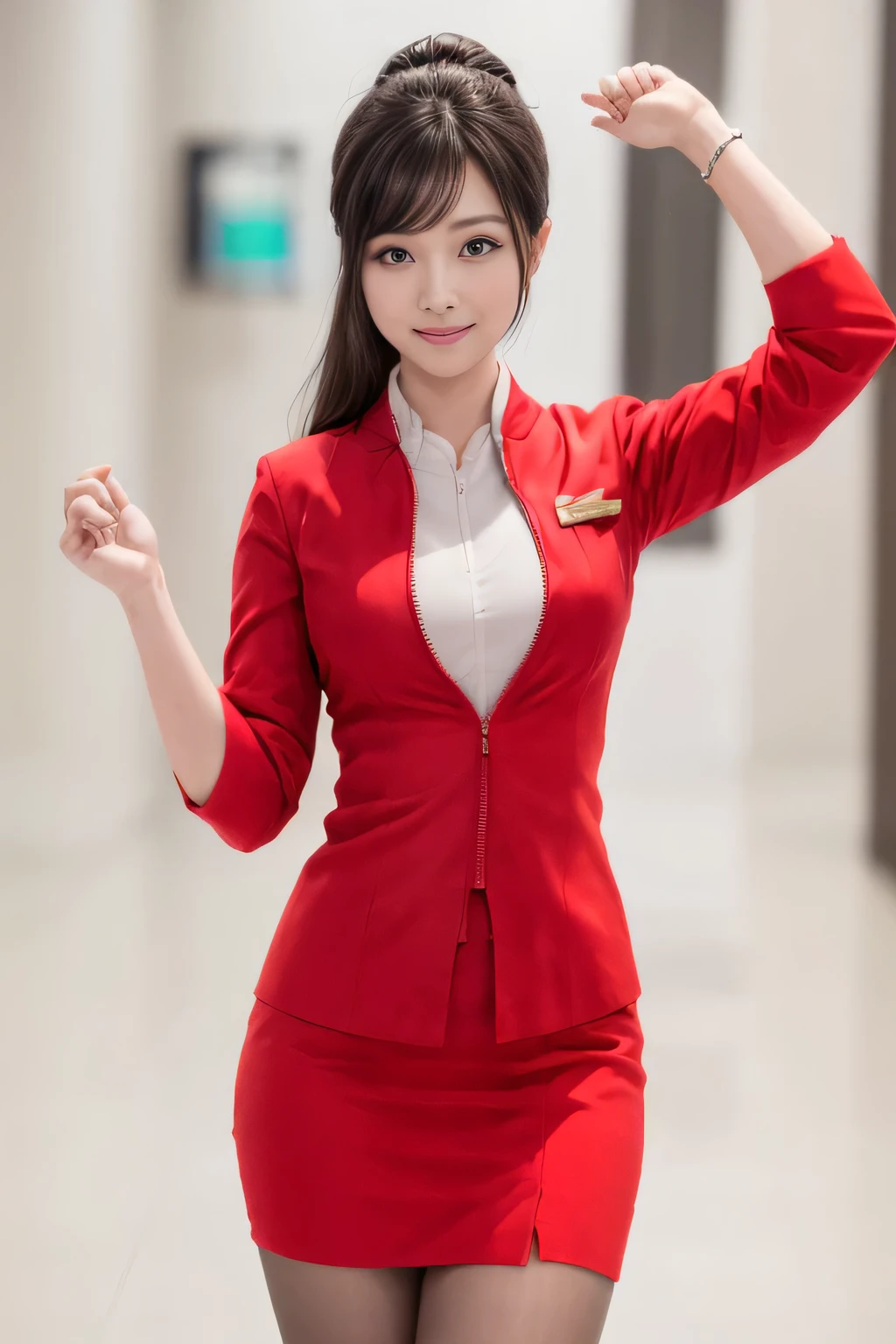 (masterpiece:1.2, highest quality:1.2), 32K HDR, High resolution, (alone、1 girl)、(At the airport lounge、Professional Lighting)、Airport Lounge Background、Beautiful lounge view、(Realistic style with AirAsia flight attendant uniforms)、(AirAsia uniform unzipped red jacket、AirAsia uniform long sleeve red jacket、AirAsia uniform red mini tight skirt、AirAsia uniform white shirt unbuttoned)、Big Breasts、(AirAsia uniform shirt showing big breasts)、Dark brown hair、(Hair tied up、Bun Hair、Chignon)、Dark brown hair、Long Shot、((Fine hand:2.0)),((Harmonious body proportions:1.5)),((Normal limbs:2.0)),((Normal finger:2.0)),((Delicate eyes:2.0)),((Normal eyes:2.0)))、Luxury Necklace、Beautiful appearance,Place your hands around your stomach