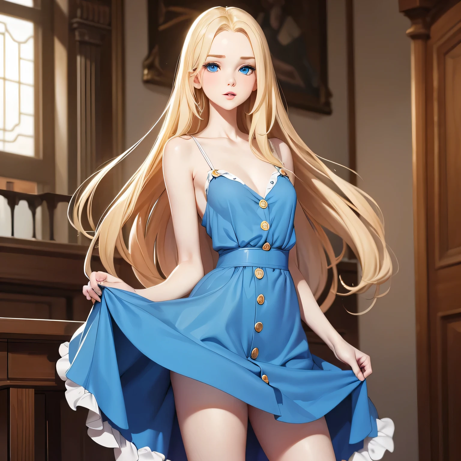 A beautiful and demure young blonde woman with long hair, blue eyes, pale skin, full lips, a button nose, a slender figure, small breasts, and wearing a blue dress