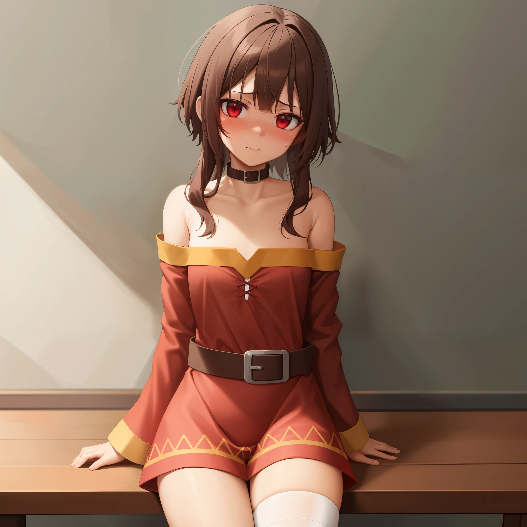 
1girl, solo, red eyes, bandaged leg, single thighhigh, red dress, belt, bare shoulders, brown hair, short hair with long locks,collar, closed mouth, collarbone, choker, sitting, asymmetrical legwear, cowboy shot, long sleeves, mismatched legwear,standing,blush,looking at viewer, sweaty