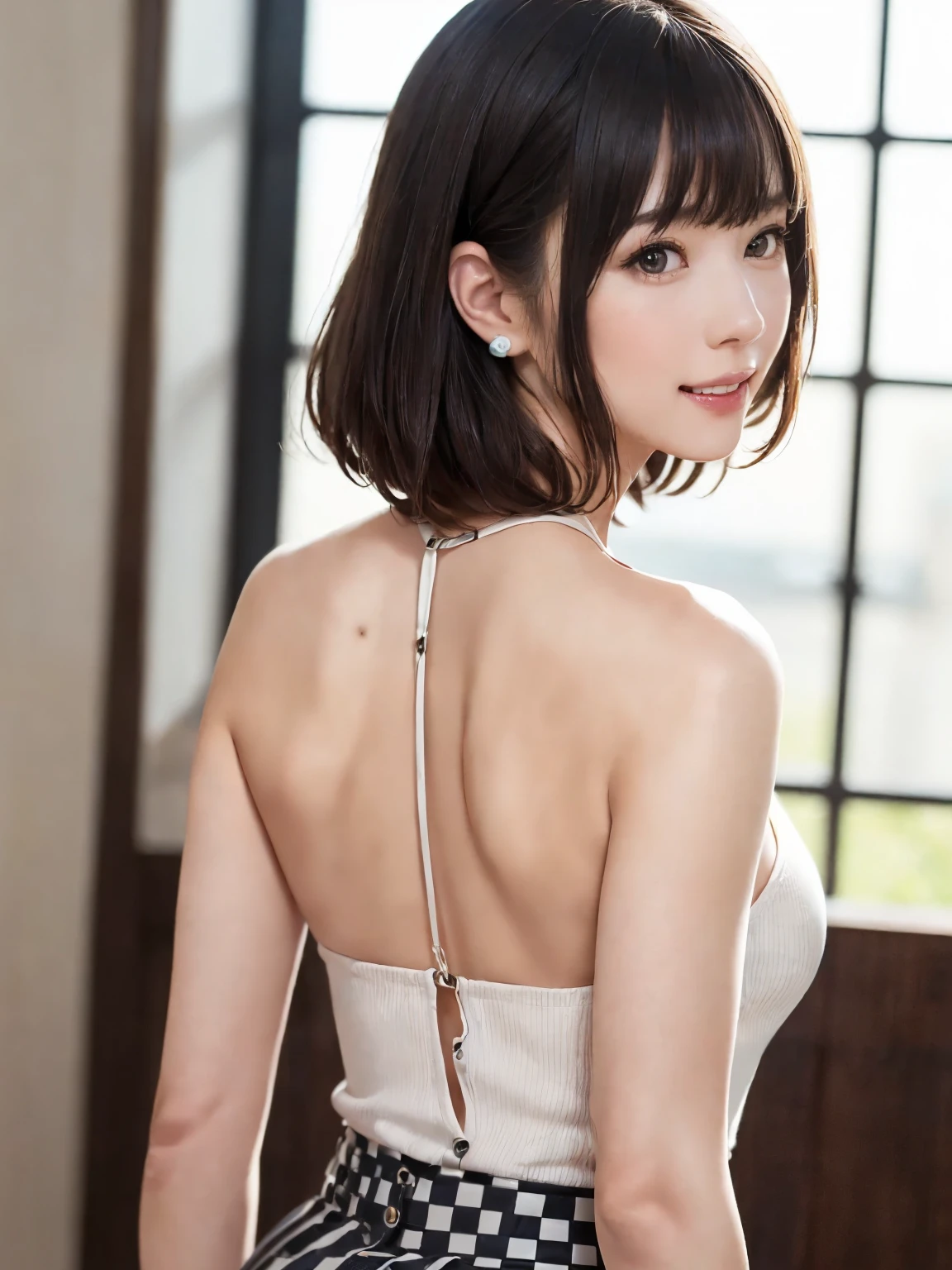 (From the back:1.4、Tabletop:1.4、highest quality:1.4、Best image quality:1.4、Cute beautiful adult woman, Beautiful symmetrical face、Adult smile:1.4、Beautiful Teeth、Lip gloss、Short Brunette Bob、Shiny shiny hair、Has shiny bangs:1.4、bangs:1.4、length, shiny shorthair、length neck:1.4、Show me your ears、Tall Supermodels、Broad shouldered supermodel、{Huge|big|Huge|Mega} chest:2, 非常に大きなchest、Beautiful chest have cleavage:2)、(very beautiful back、Cute school girl、Off-the-shoulder white see-through shirt、Checkered sheer loop pleated short skirt、28 years old)、Very cute and attractive woman、very beautiful back、Perfect Anatomy