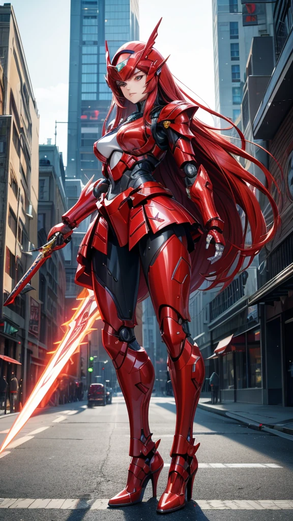 long red hair,Large female robot , Sci-fi fluorescent armor,helmet ,,chest,female body,Mechanical joints,wing,Iron skirt,thigh, High heel, Standing,front,sci-fi sword,City(masterpiece, best quality, high quality, High resolution, Extremely detailed),