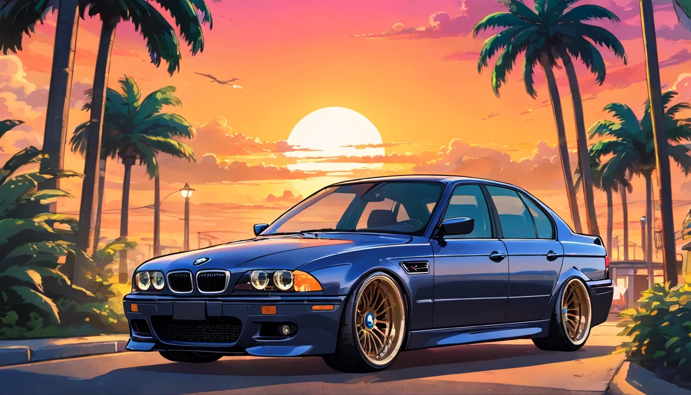 Sticker design, tuning, BMW M5 car, Sunset background, Palm trees, 5 colors of layers, Corner Street, Beleq drum, Presean, car in black color