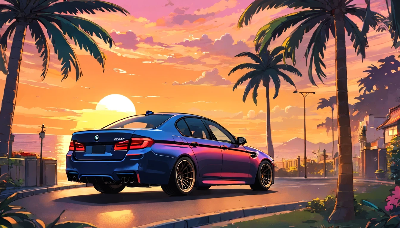 Sticker design, tuning, BMW M5 car, Sunset background, Palm trees, 5 colors of layers, Corner Street, Beleq drum, Presean, car in black color