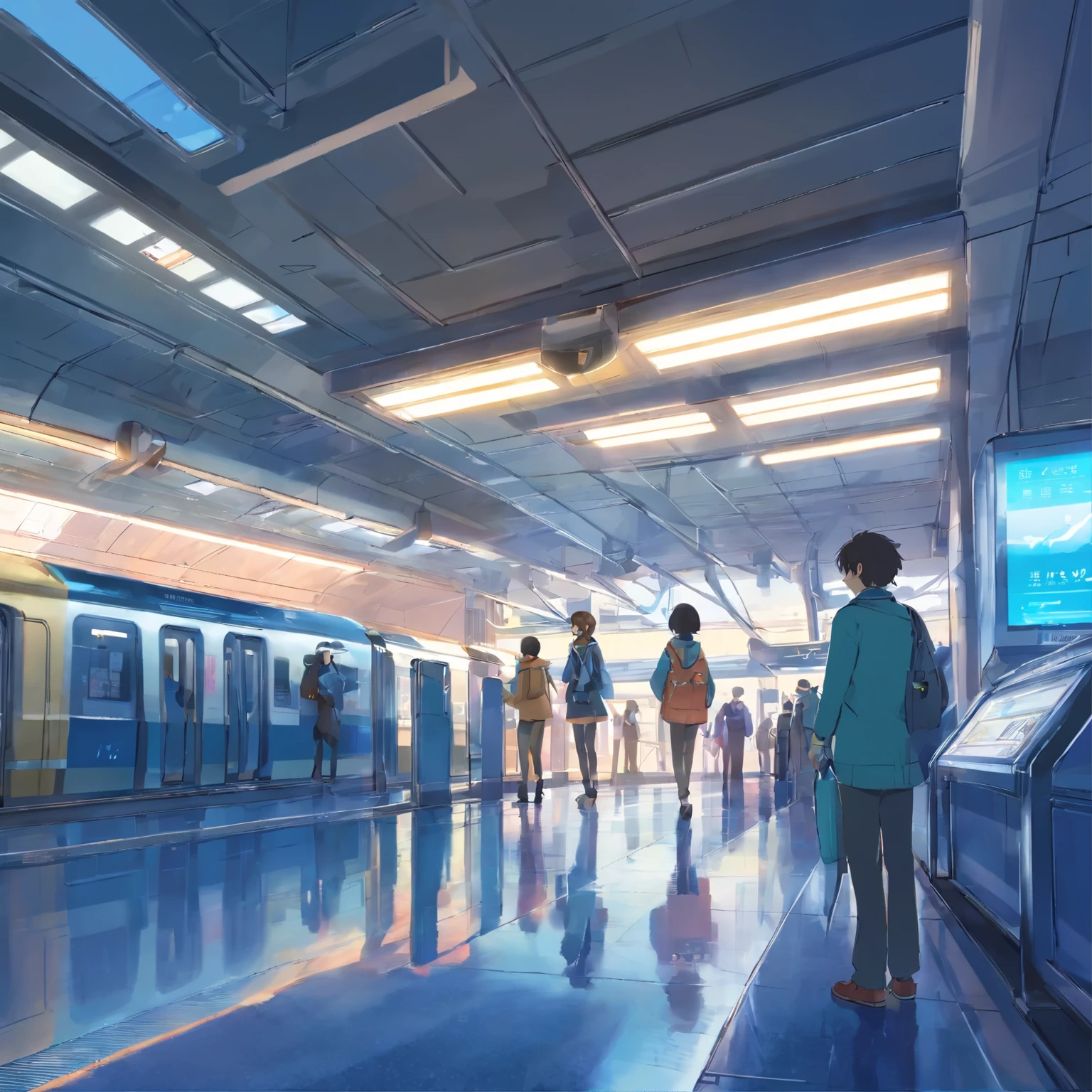 metro station，1 female 2 males，High hanging tracks，Futuristic train，Two-way and wide platform，indoor station，People are busy，Advertisement board on the platform，