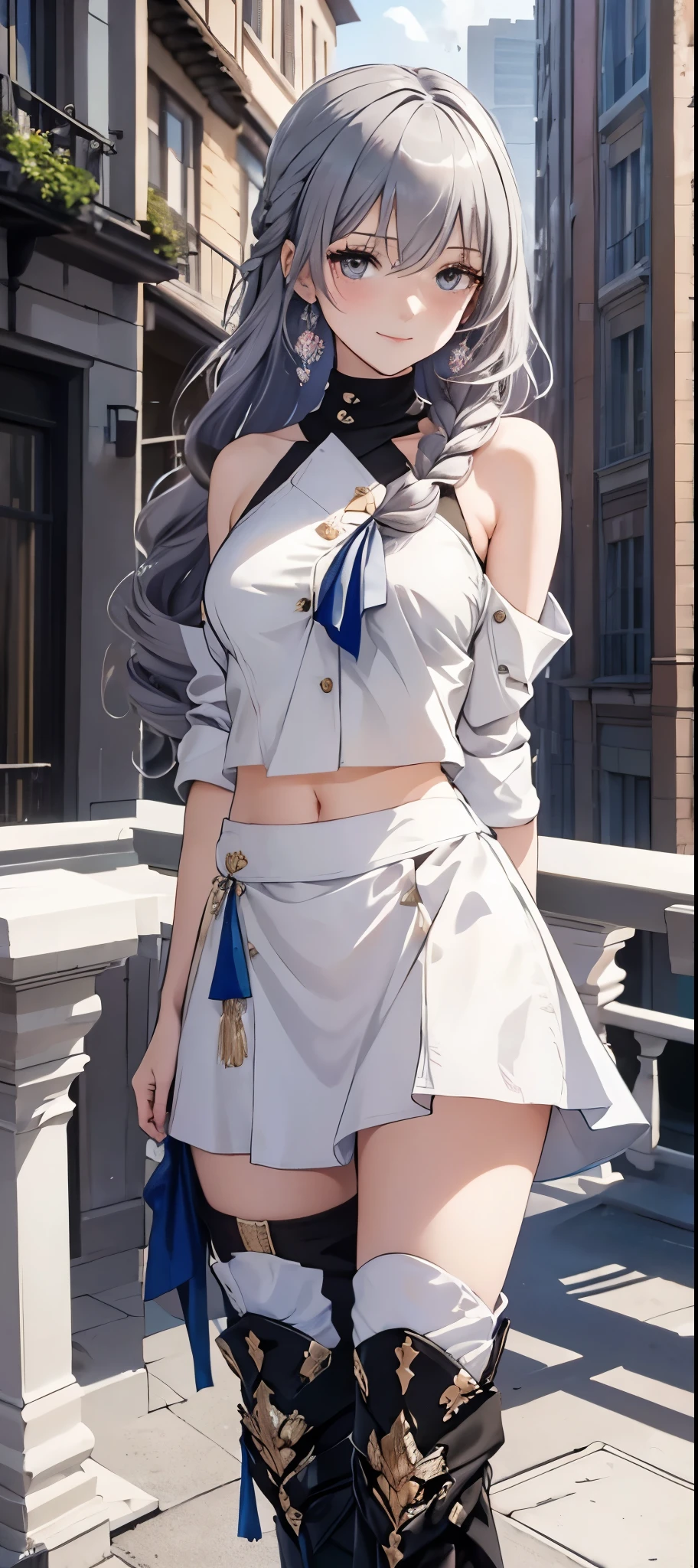 masterpiece, best quality, ultra-detailed, illustration, beautiful detailed eyes, 1girl, 22 years old, twin braided platinum hair, detailed balcony scenery, large bosom, open chemise shirt, sunlight, cloudy sky, microskirt, shy, smiling, full-face blush, heart-shaped pupils, add_detail:1, add_detail:0, add_detail:0.5, crop shirt, crop top