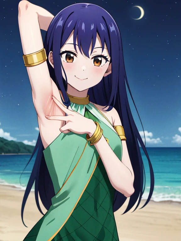 masterpiece, best quality, highres, aawendy, long hair, bare shoulders, green dress, sleeveless dress, armlet, bracelet, looking at viewer, solo, contrapposto, spread armpit, arms behind head, smile, looking at viewer, upper body, closed mouth, night sky, beach,