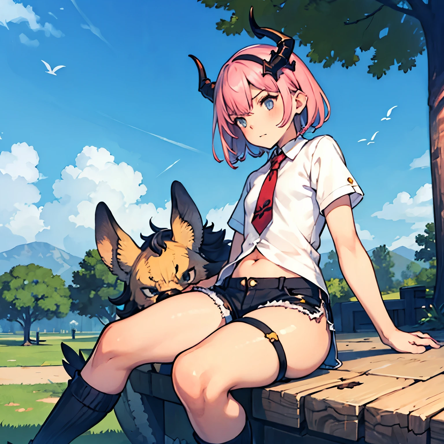 small male femboy with pink hair and dragon horns in black shorts in a park alone thick thighs