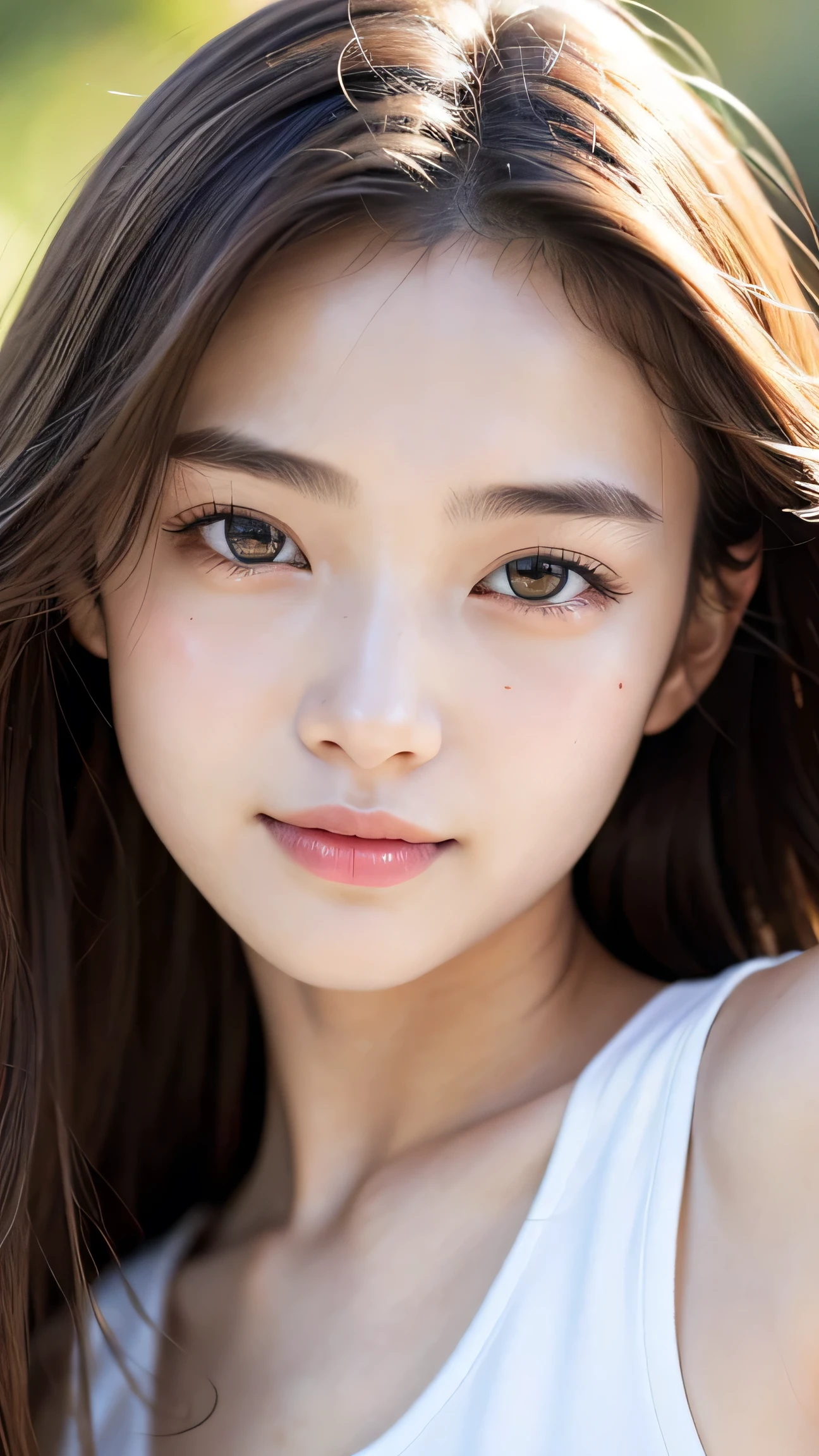 18-year-old girl、independent、look forward to、Light eye makeup、Brown Hair Color、flat 、Hair blowing in the wind、Quality of actress、Shiny, Ultra-realistic face、Smiling expression、Watery eye、look up、Soothing lighting effects、 Ultra-Realistic Capture、Very detailed、High resolution 16K human skin closeup。Skin texture must be natural、Must be so detailed that pores are visible、skin is healthy、Must be of uniform tone、Use natural light and color、High quality photos taken by modeling agencies'Exclusive photographer、A big smile、Front facing