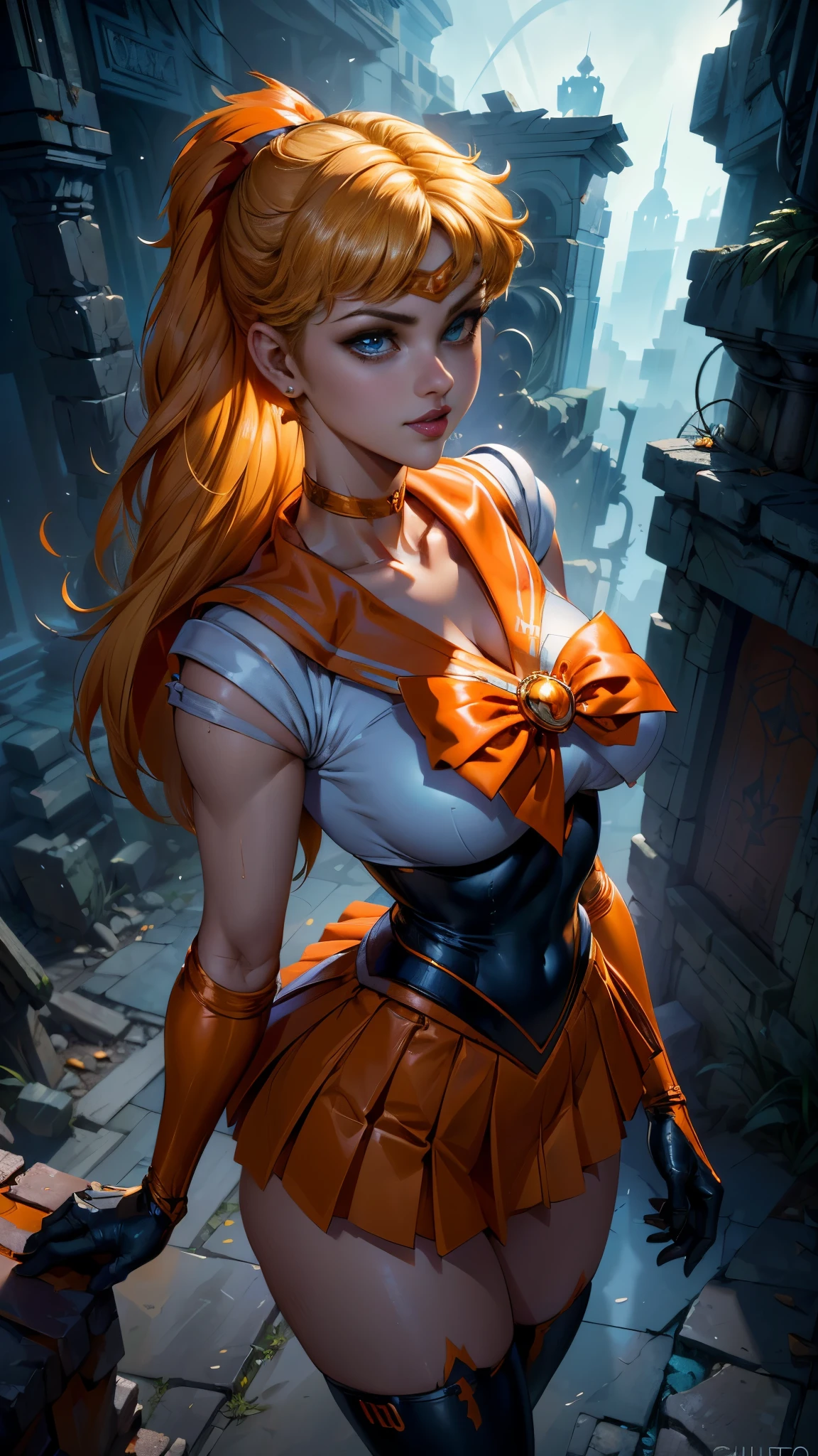 (La mejor calidad,A high resolution,Ultra - detallado,actual),Selena Gomez, (masterpiece, best quality;1.3), very detailed CG, very detailed, 1 girl, alone,  laugh,  looking at viewer, stylish angle, blonde long hair,blue eyes,
sv1, Sailor Sensi Uniform, Orange skirt, elbow bag, tiara, Orange Sailor Color, red bow, Orange Choker, white gloves, bijouterie, from above,,(Fondo de ruinas de mazmorra en ruinas cyberpunk :1.4 )
I have a lot of heart, face focus,venus,hurricane,abstract background, galaxy background,(Sailor Venus:1.4), (Sailor Venus V2.1), ,(Fondo de ruinas de mazmorra en ruinas piedras grandes cyberpunk :1.4 ),(perfect anatomy :1.4), (cinematic lighting :1.4),( dynamic cowboy pose), (fondo lluvia cayendo nublado tenebroso :1.4), (Selena Gomez :1.4), (Selena Gomez V2.1),( dedos detailed :1.4) 
