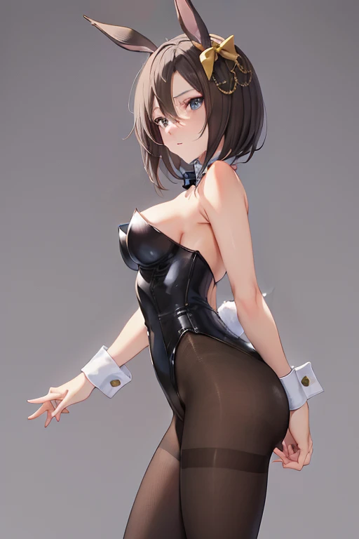 air groove \(umamusume\), playboy bunny, black rabbit ears, fake rabbit ears, pantyhose, black pantyhose,bowtie, wrist cuffs, black leotard,, {best quality}, {very aesthetic}, {ultra-detailed}, {best illustration}, nsfw, 1girl, 1man, sex, standing doggy, from side