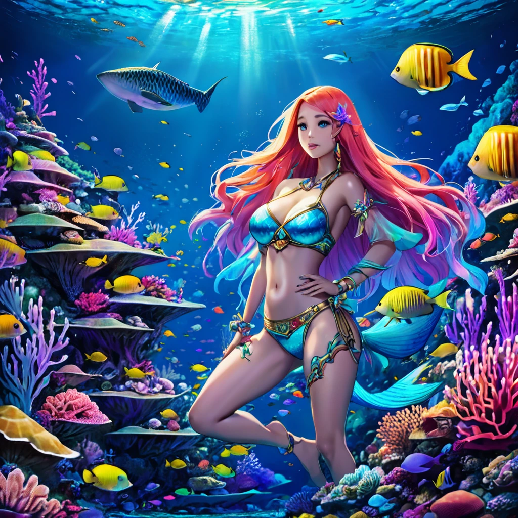 a beautiful mermaid princess, (malaysian, age 25, busty, broad hips, ornate hair, sea creature bikini, long colorful hair, big eyes, very fishlike below the waist), coral reef, sea creatures paying homage, (best quality,4k,8k,highres,masterpiece:1.2),ultra-detailed,(realistic,photorealistic,photo-realistic:1.37),highly detailed, intricate, vibrant colors, glowing bioluminescent lighting, underwater fantasy, cinematic lighting, dramatic composition