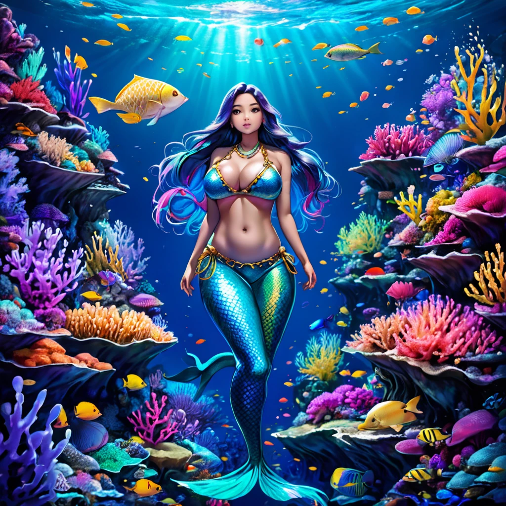 a high-tech mermaid spaceship, a crew of beautiful merpeople, coral and kelp accents, ultra-detailed, hyper realistic, 8k, photorealistic, dynamic lighting, dramatic lighting, cinematic, volumetric fog, glowing bioluminescent elements, intricate mechanical details, advanced holographic interfaces, seamless integration of organic and inorganic elements, ethereal and otherworldly atmosphere, vibrant colors, deep ocean tones, shimmering scales, graceful mermaid figures, flowing hair and fins, serene and awe-inspiring a beautiful mermaid princess, (malaysian, age 25, busty, broad hips, ornate hair, sea creature bikini, long colorful hair, big eyes, very fishlike below the waist) the princess is in a power position next to the captain of the ship