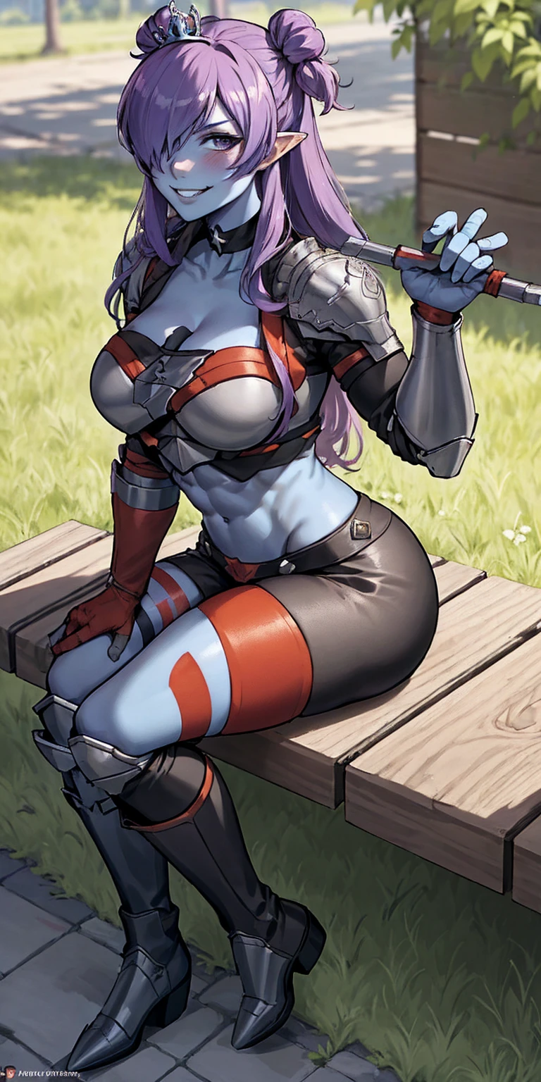 Shez, hair over one eye, choker, full body sitting on a bench showing ass to me, BLUE breastplate, BLUE skin (1girl)(BLUE skin:1.2), looking at viewer, shiny, armor, thigh highs, high boots, pauldrons shoulder armor, faulds, poleyn, gloves, gauntlets, rerebrace armored boots, (masterpiece, best quality, ultra-detailed, best shadow) yordle pointy ears muscular lean platinum blonde long twin-tails hairstyle at the office lustful smirking smile face red blushed, blush, strong abs, female body builder, tiara, twin drills hair