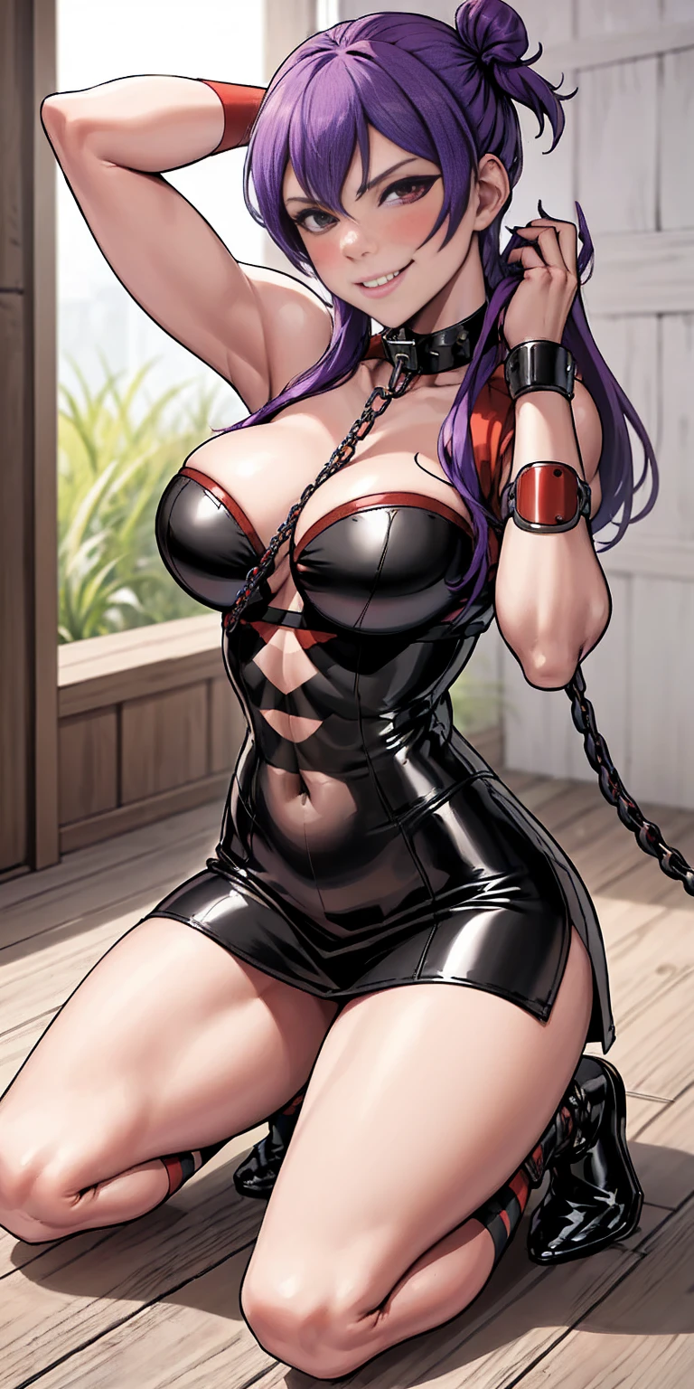 Latex girl lustful smirking smile red blush red cheeks, chain leash, hands behind the head, kneeling, shackles, leather black collar slave, pigtail hair