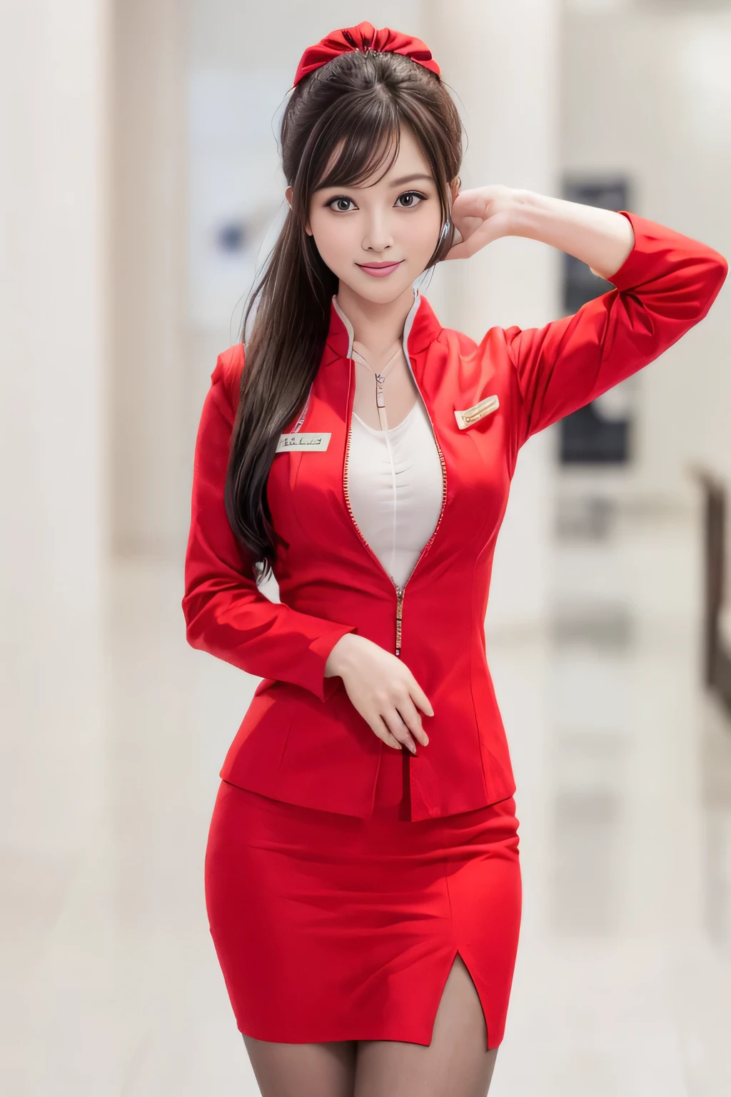 (masterpiece:1.2, highest quality:1.2), 32K HDR, High resolution, (alone、1 girl)、（At the airport lounge、Professional Lighting）、Airport Lounge Background、Beautiful lounge view、（Realistic style with AirAsia flight attendant uniforms）、（AirAsia uniform unzipped red jacket、AirAsia uniform long sleeve red jacket、AirAsia uniform red mini tight skirt、AirAsia uniform white shirt unbuttoned）、Big Breasts、（AirAsia uniform shirt showing big breasts）、Dark brown hair、（Hair tied up、Bun Hair、Chignon）、Dark brown hair、Long Shot、（（Fine hand：2.0）），（（Harmonious body proportions：1.5）），（（Normal limbs：2.0）），（（Normal finger：2.0）），（（Delicate eyes：2.0）），（（Normal eyes：2.0））)、Luxury Necklace、Beautiful appearance,Place your hands around your stomach