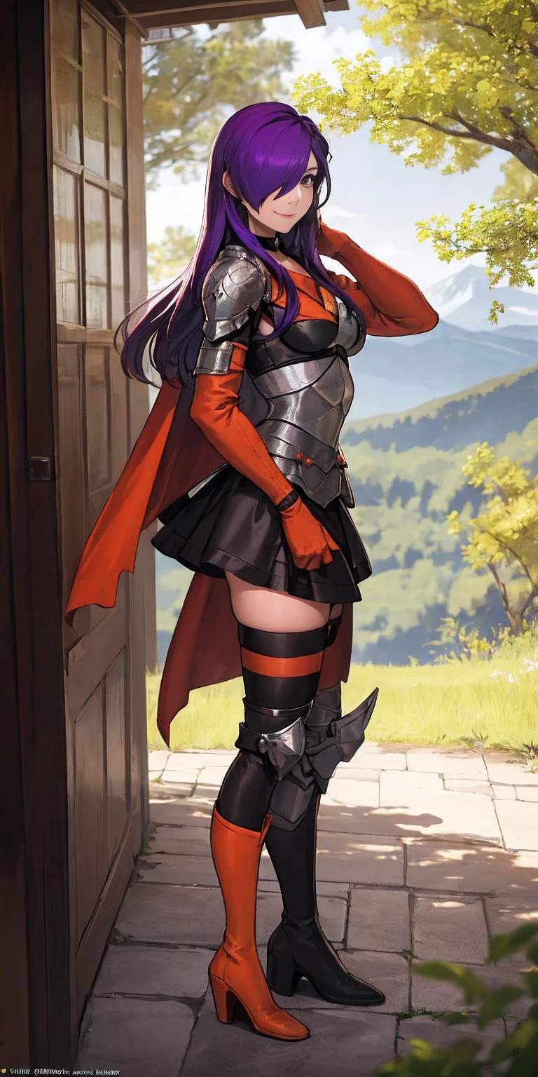 masterpiece, best quality, Shez, hair over one eye, choker, armor, cape, black dress, single glove, thigh highs, armored leg wear, orange boots, from side, standing, whole body, looking at viewer, smile, closed mouth, trees, mountains