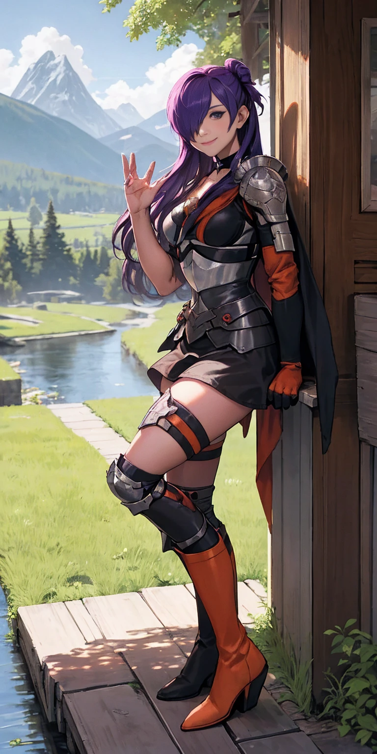 masterpiece, best quality, Shez, hair over one eye, choker, armor, cape, black dress, single glove, thigh highs, armored leg wear, orange boots, from side, standing, whole body, looking at viewer, smile, closed mouth, trees, mountains