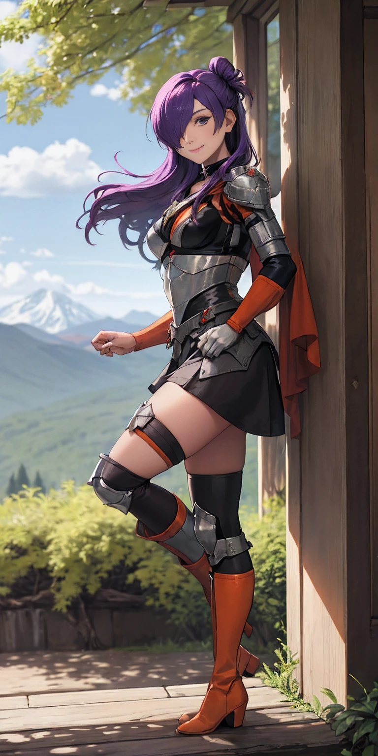 masterpiece, best quality, Shez, hair over one eye, choker, armor, cape, black dress, single glove, thigh highs, armored leg wear, orange boots, from side, standing, whole body, looking at viewer, smile, closed mouth, trees, mountains