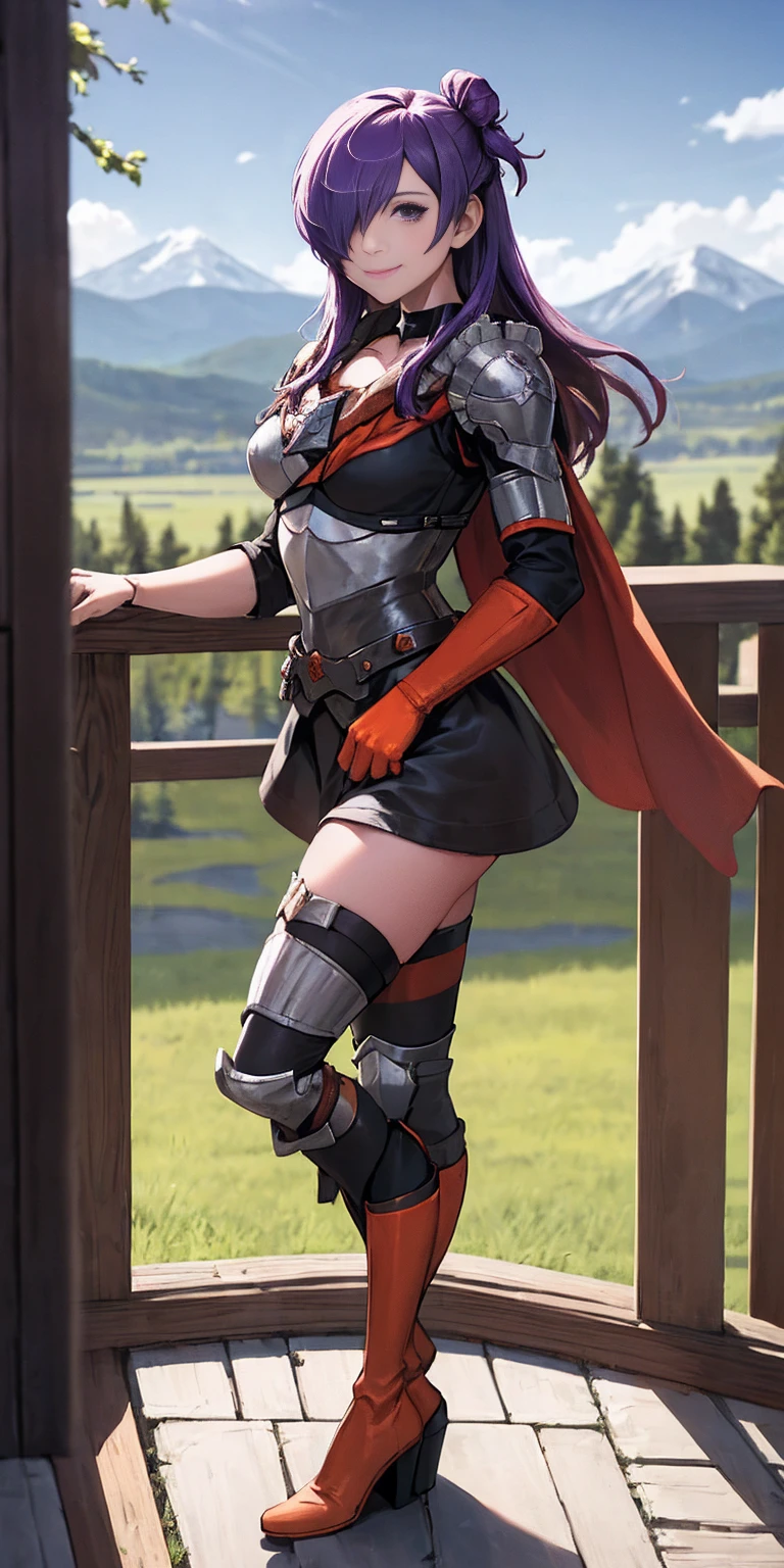 masterpiece, best quality, Shez, hair over one eye, choker, armor, cape, black dress, single glove, thigh highs, armored leg wear, orange boots, from side, standing, whole body, looking at viewer, smile, closed mouth, trees, mountains