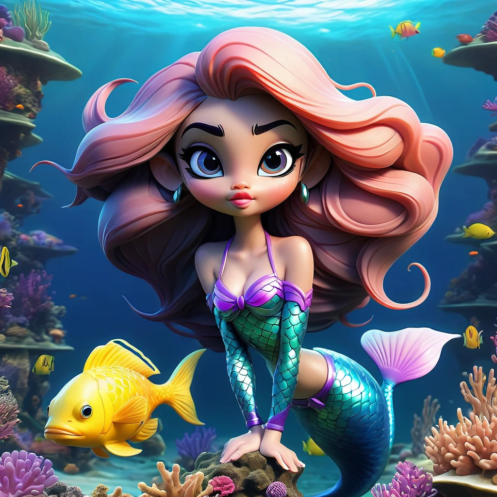a beautiful mermaid princess, (malaysian, age 25, busty, broad hips, ornate hair, sea creature bikini, long colorful hair, big eyes, very fishlike below the waist), coral reef, sea creatures paying homage, (best quality,4k,8k,highres,masterpiece:1.2),ultra-detailed,(realistic,photorealistic,photo-realistic:1.37),highly detailed, intricate, vibrant colors, glowing bioluminescent lighting, underwater fantasy, cinematic lighting, dramatic composition