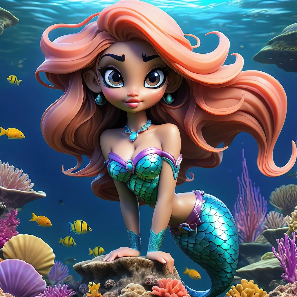 a beautiful mermaid princess, (malaysian, age 25, busty, broad hips, ornate hair, sea creature bikini, long colorful hair, big eyes, very fishlike below the waist), coral reef, sea creatures paying homage, (best quality,4k,8k,highres,masterpiece:1.2),ultra-detailed,(realistic,photorealistic,photo-realistic:1.37),highly detailed, intricate, vibrant colors, glowing bioluminescent lighting, underwater fantasy, cinematic lighting, dramatic composition
