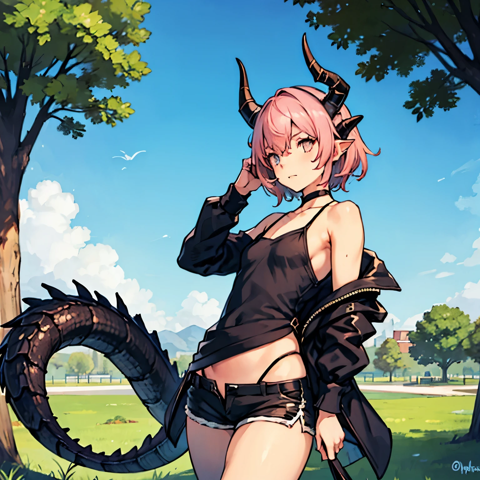 small male femboy with pink hair and dragon horns in black shorts in a park alone thick thighs