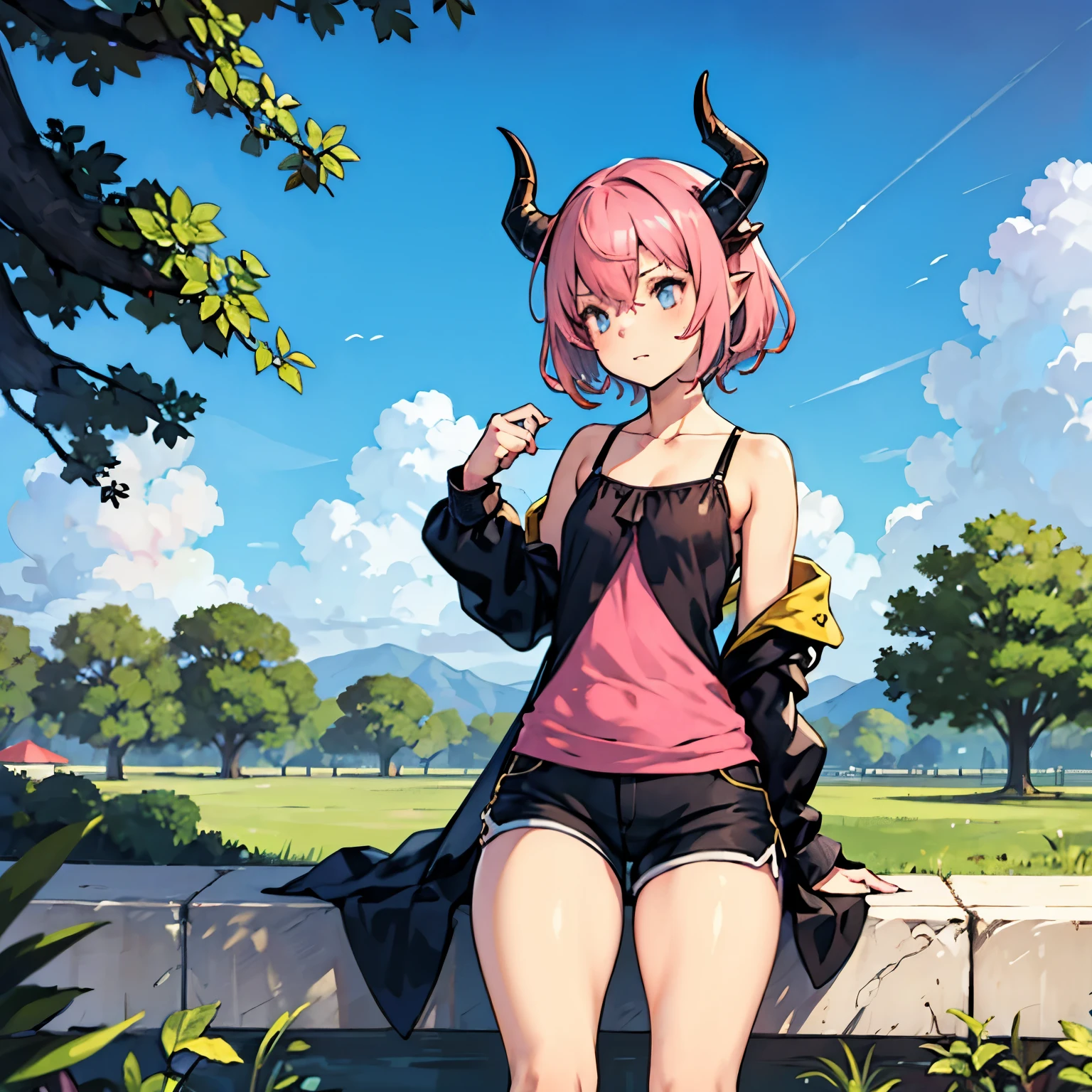 small male femboy with pink hair and dragon horns in black shorts in a park alone thick thighs