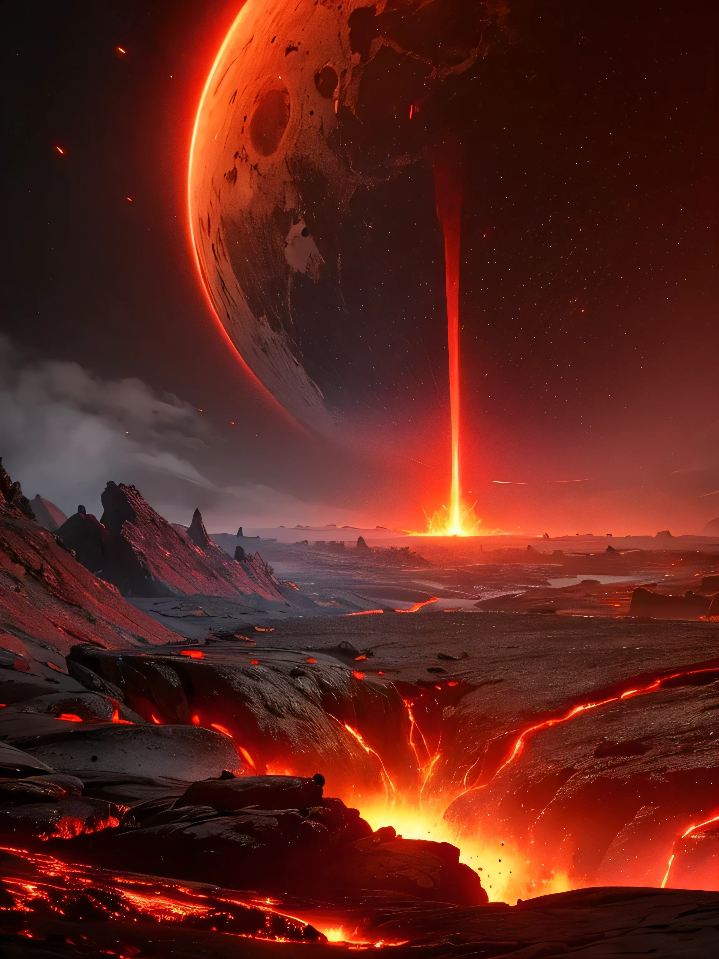 cybernetic earth with a red light inside, mechanized earth crust, the earth sprouts lava, earth's red mantle is visible, hollow earth, vtm, canyons and ridges all across earth