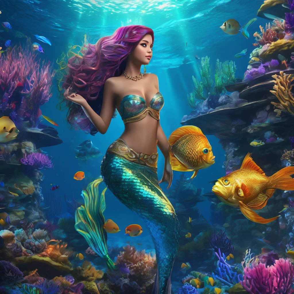 a beautiful mermaid princess, (malaysian, age 25, busty, broad hips, ornate hair, sea creature bikini, long colorful hair, big eyes, very fishlike below the waist), coral reef, sea creatures paying homage, (best quality,4k,8k,highres,masterpiece:1.2),ultra-detailed,(realistic,photorealistic,photo-realistic:1.37),highly detailed, intricate, vibrant colors, glowing bioluminescent lighting, underwater fantasy, cinematic lighting, dramatic composition