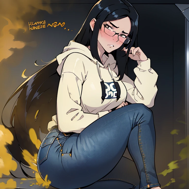 realism,beautiful lighting,(((1girl))),((black hair, sideswept hair bang,long hair)),pale skin ,((glasses, wearing hoodie, blue jeans)), massive fart, yellow smoke rising, ((blush, clenching teeth)), leaning, viewfromfront, TEXT:PHHHRRRRAAAP!!