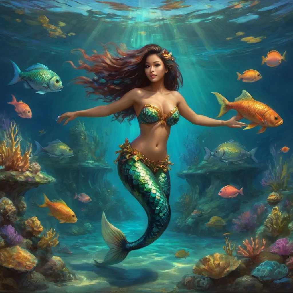 a beautiful mermaid princess, (malaysian, age 25, busty, broad hips, ornate hair, sea creature bikini, long colorful hair, big eyes, very fishlike below the waist), coral reef, sea creatures paying homage, (best quality,4k,8k,highres,masterpiece:1.2),ultra-detailed,(realistic,photorealistic,photo-realistic:1.37),highly detailed, intricate, vibrant colors, glowing bioluminescent lighting, underwater fantasy, cinematic lighting, dramatic composition