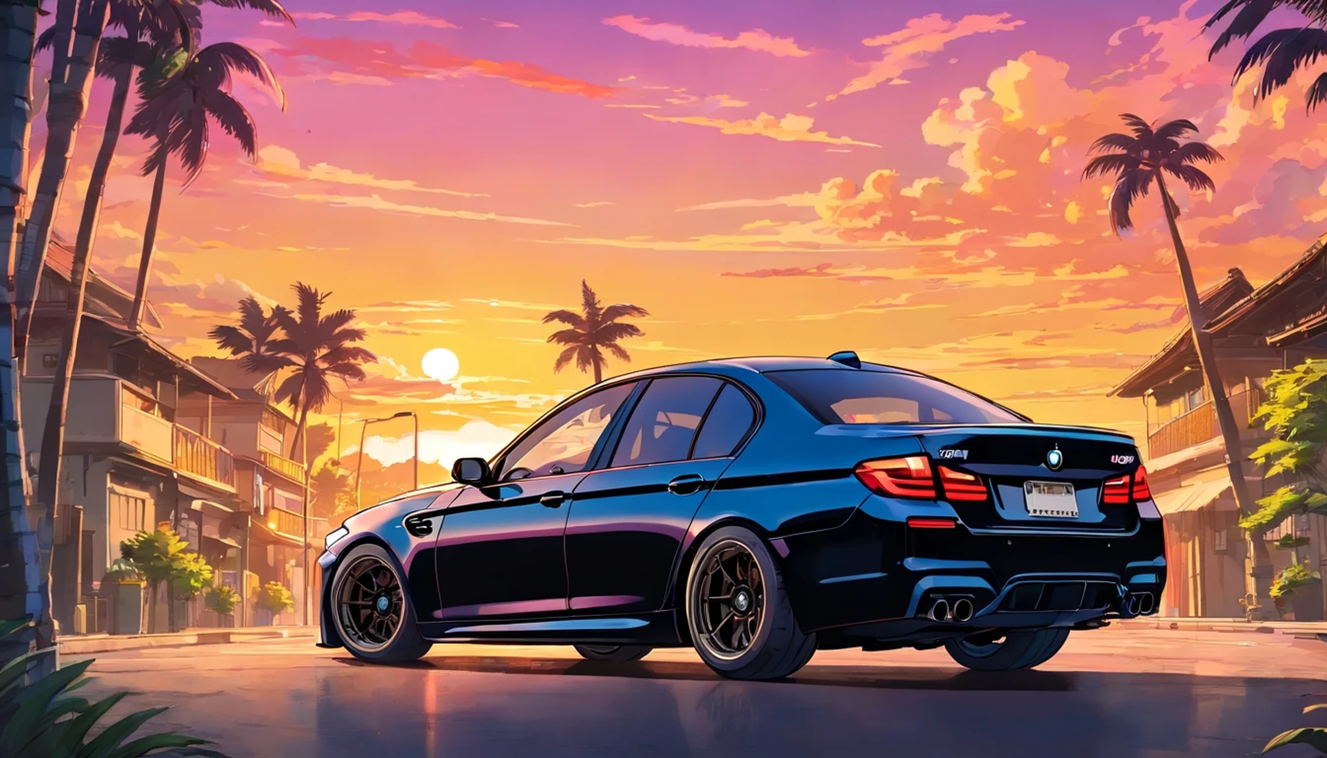 Sticker design, tuning, BMW M5 car, Sunset background, Palm trees, 5 colors of layers, Corner Street, Beleq drum, Presean, car in black color