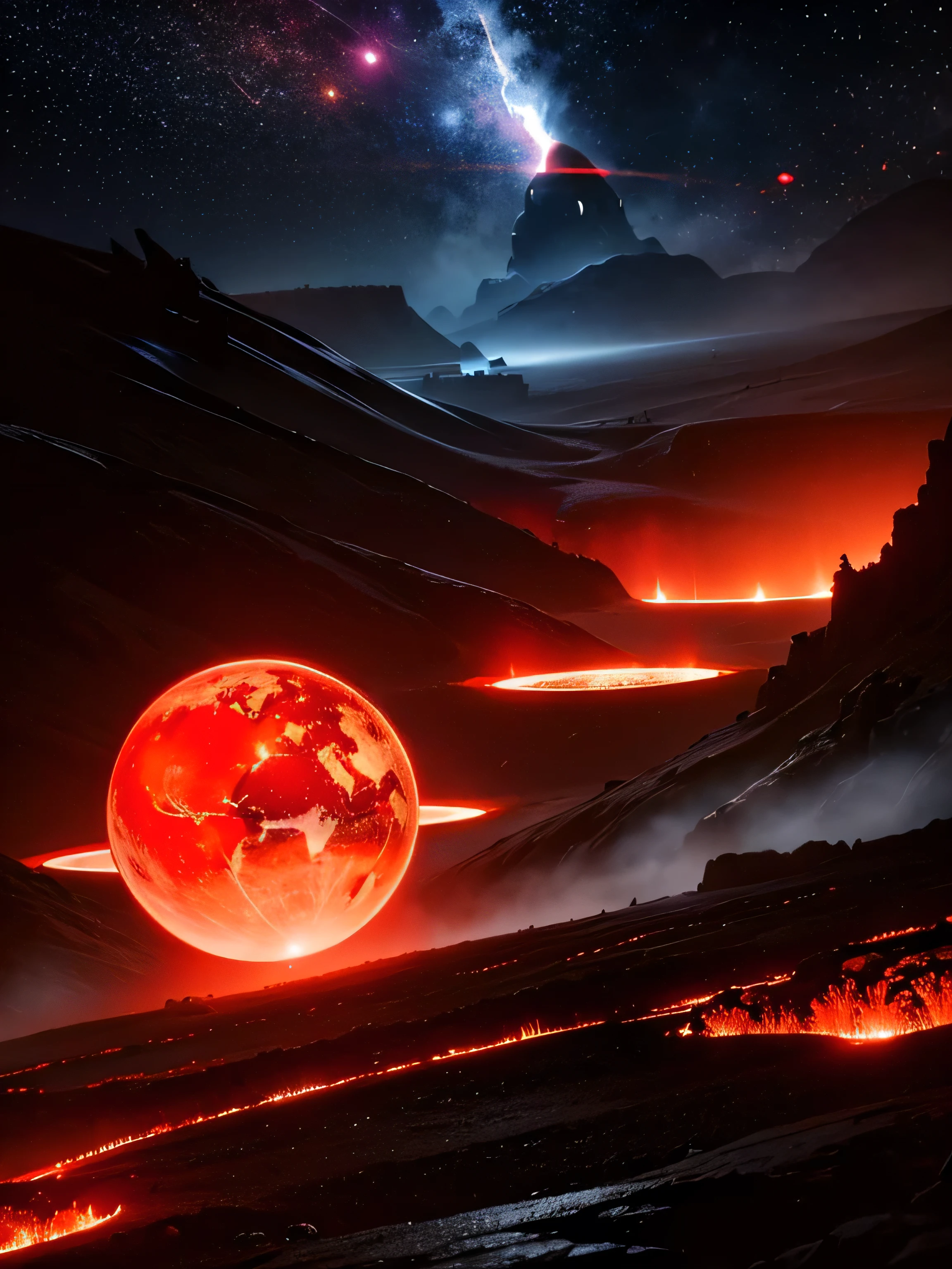 cybernetic earth with a red light inside, mechanized earth crust, the earth sprouts lava, earth's red mantle is visible, hollow earth, vtm, canyons and ridges all across earth, geyser of fire coming out of earth 
