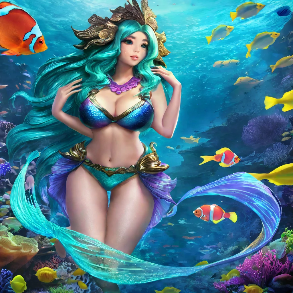 a beautiful mermaid princess, (malaysian, age 25, busty, broad hips, ornate hair, sea creature bikini, long colorful hair, big eyes, very fishlike below the waist), coral reef, sea creatures paying homage, (best quality,4k,8k,highres,masterpiece:1.2),ultra-detailed,(realistic,photorealistic,photo-realistic:1.37),highly detailed, intricate, vibrant colors, glowing bioluminescent lighting, underwater fantasy, cinematic lighting, dramatic composition
