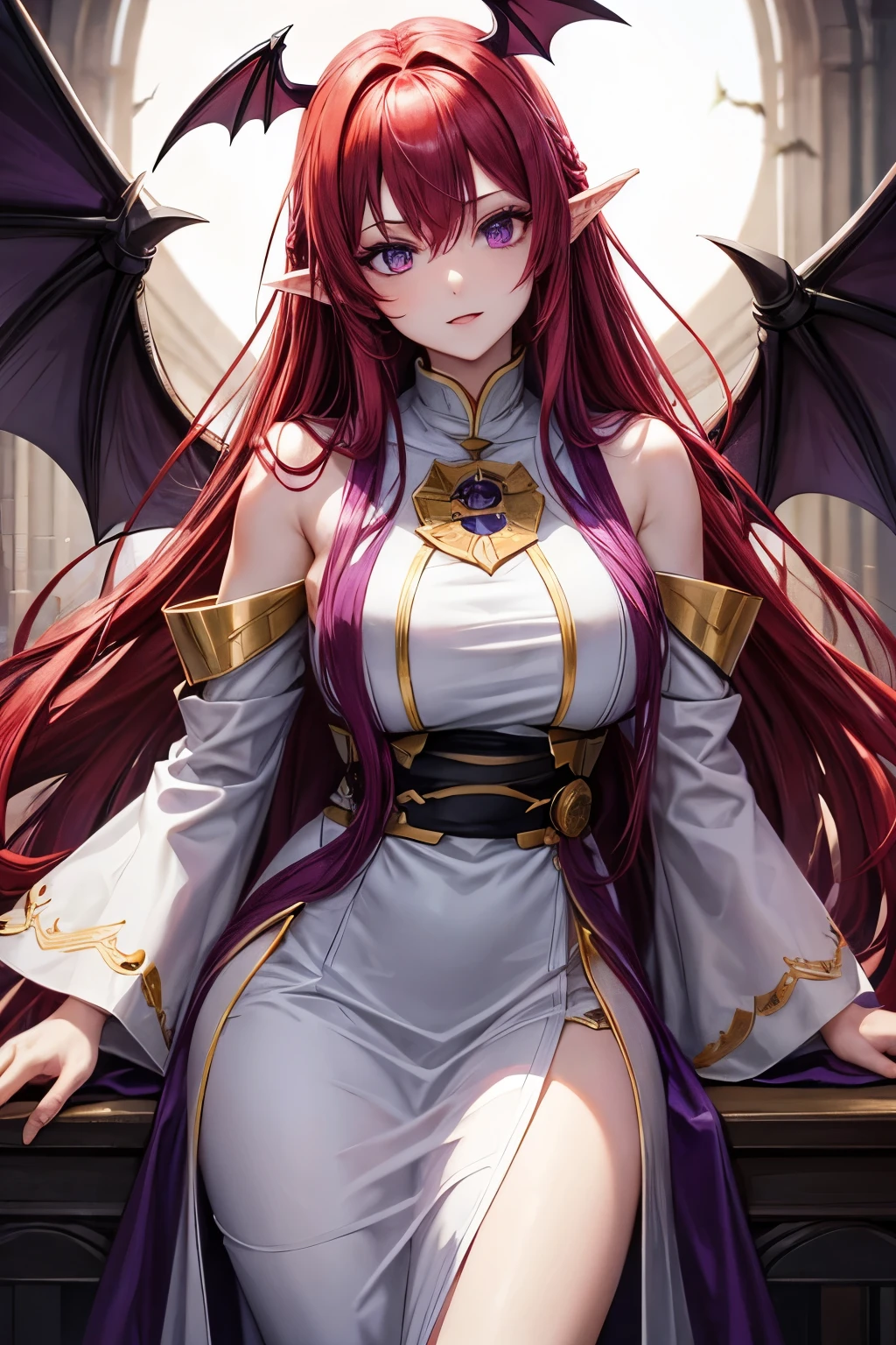 Long red hair, purple eyes, royal sister, white priest robe, bat wings