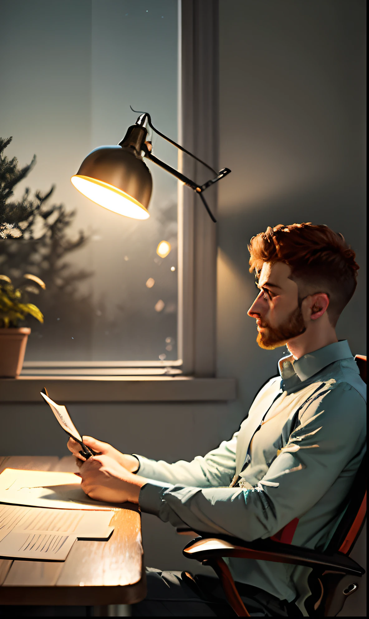 Homem de costas, sentado em uma cadeira e estudando em uma mesa, quarto meio escuro, with a lamp he illuminated the books