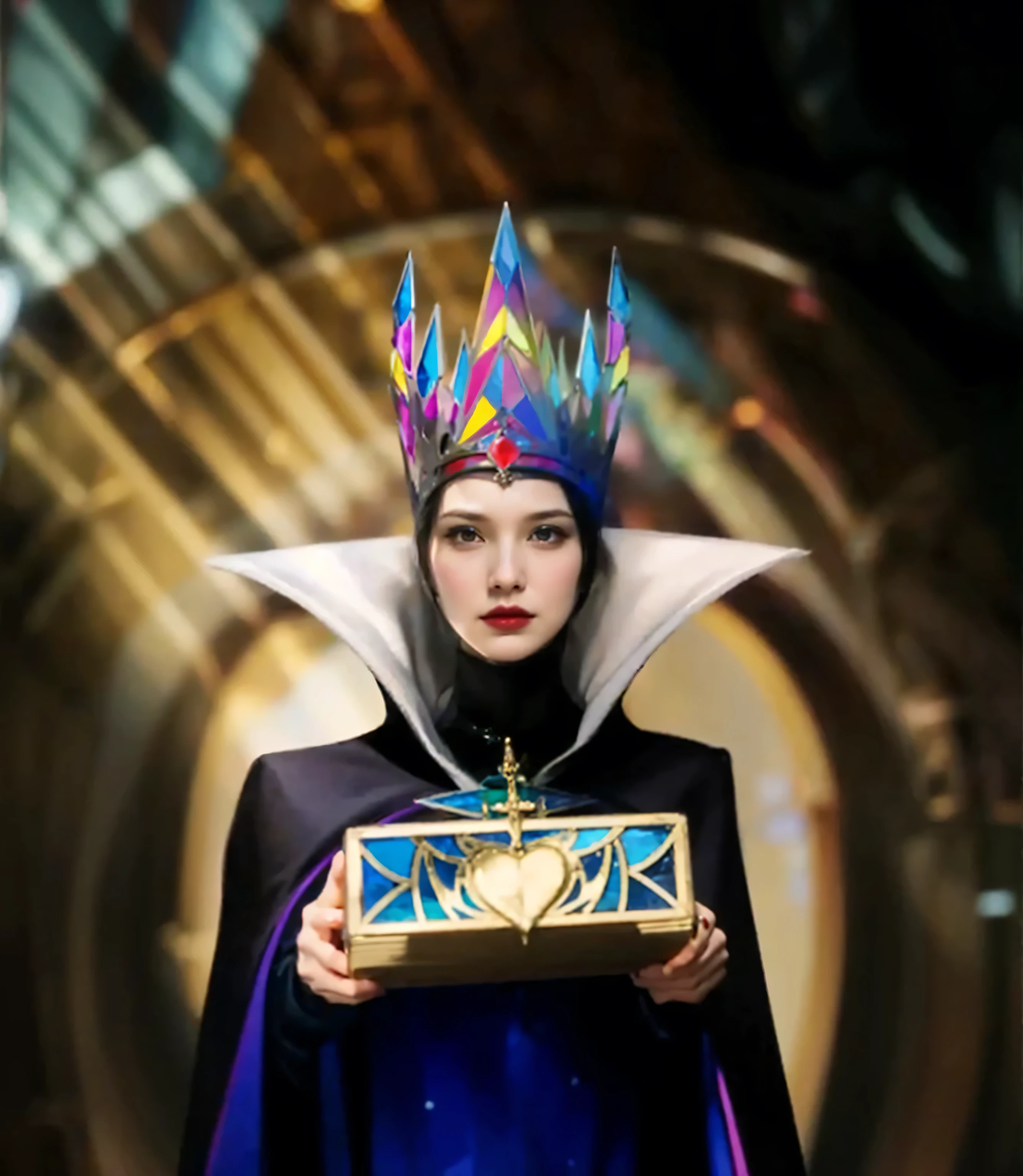 The Evil Queen from snow white, wearing crown made of stained glass, high white collar, purple dress and black cape that connected to head cover, giving a box made of blue stained glass and gold with sword shape in the middle of it, with two hands