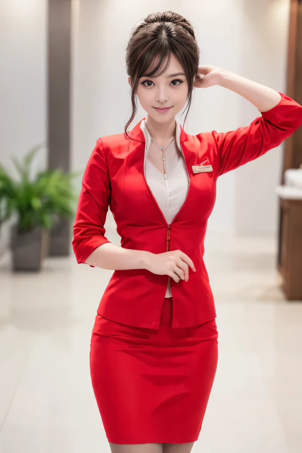 (masterpiece:1.2, highest quality:1.2), 32K HDR, High resolution, (alone、1 girl)、(At the airport lounge、Professional Lighting)、Airport Lounge Background、Beautiful lounge view、(Realistic style with AirAsia flight attendant uniforms)、(AirAsia uniform unzipped red jacket、AirAsia uniform long sleeve red jacket、AirAsia uniform red mini tight skirt、AirAsia uniform white shirt unbuttoned)、Big Breasts、(AirAsia uniform shirt showing big breasts)、Dark brown hair、(Hair tied up、Bun Hair、Chignon)、Dark brown hair、Long Shot、((Fine hand:2.0)),((Harmonious body proportions:1.5)),((Normal limbs:2.0)),((Normal finger:2.0)),((Delicate eyes:2.0)),((Normal eyes:2.0)))、Luxury Necklace、Beautiful appearance,Place your hands around your stomach