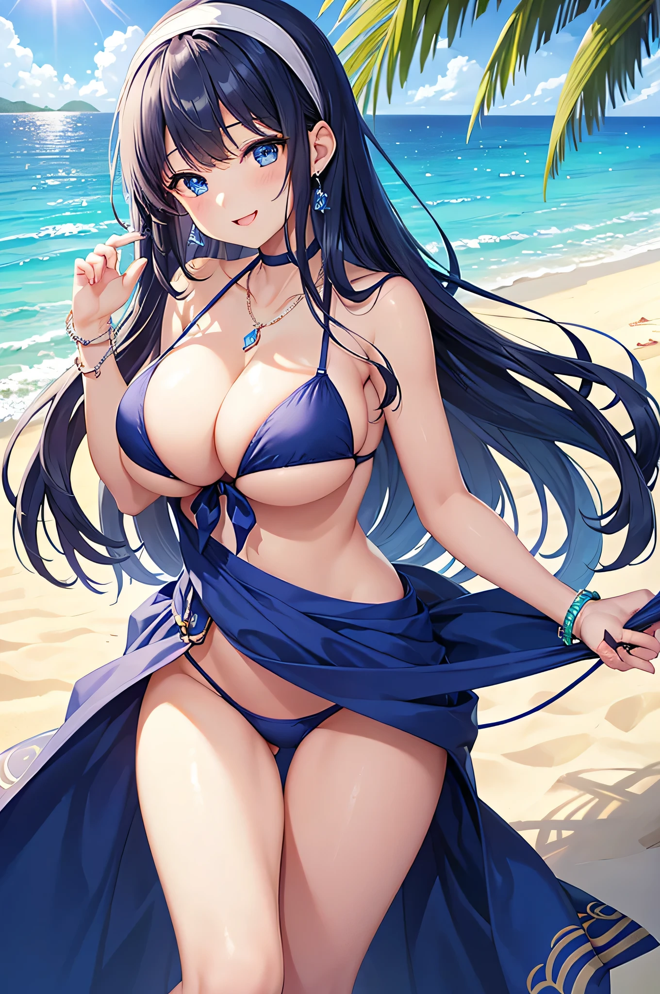 highest quality、Best image quality、masterpiece、beautiful girl、Navy blue long hair、blue eyes、Navy Blue Bikini、Big cleavage、(Big Breasts)、smile、blue necklace、Blue Earrings、background(Beach)、Sexy pose、Please open your mouth wide、White headband、Lying on the Beach、bracelet