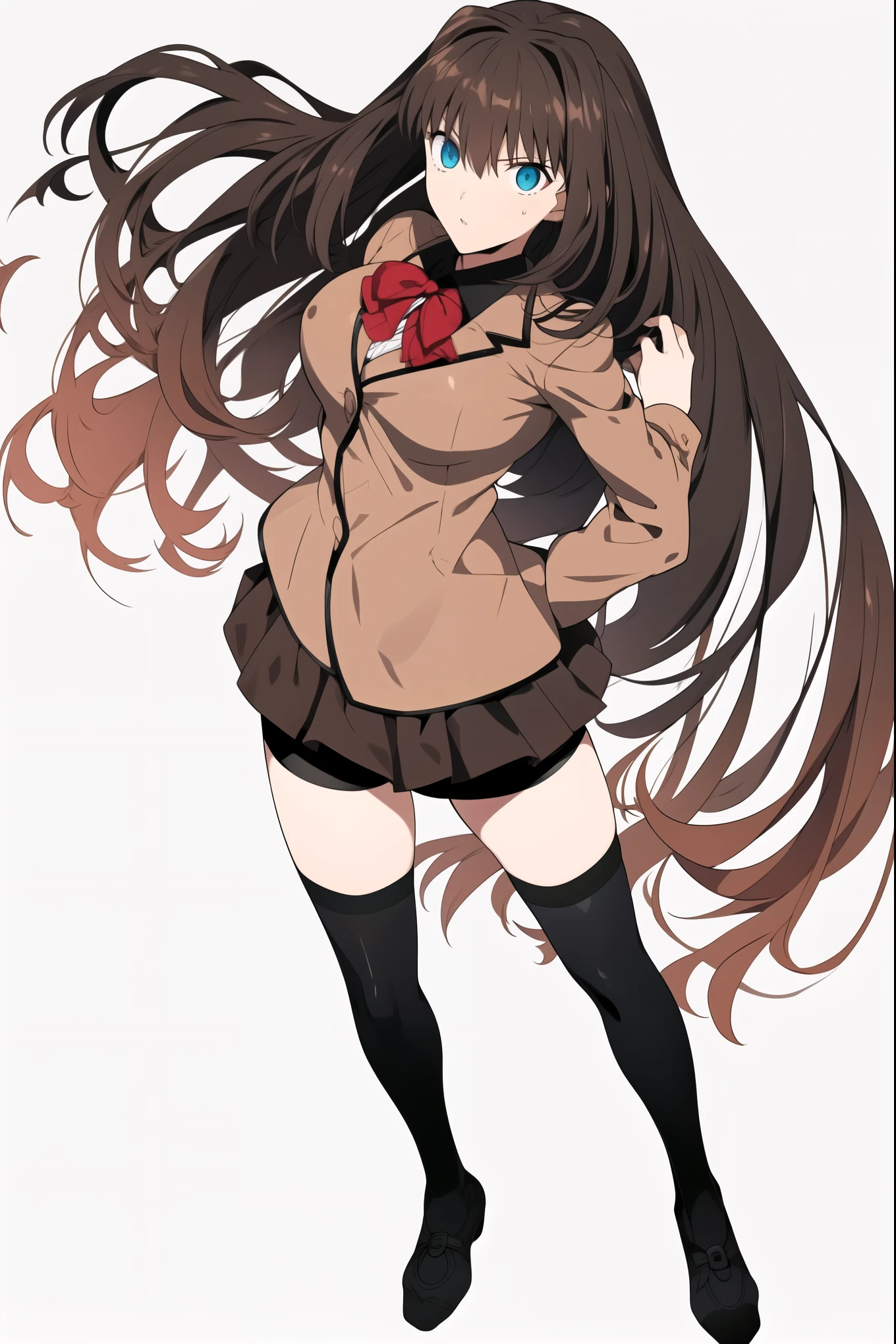 8k, highest quality, highest detail, AokoSchoolUniform, ((1girl)), (((solo))), (chestnut-brown hair with slightly reddish undertone), perfect face, red bowtie, beige blazer, (large breasts:1.2), well formed breasts. (Umber pleated mini-skirt:1.5), (black spandex shorts:1.4), (nice thighs:1.5), (black thigh-high hosiery:1.6), (brown Strap-Shoes), standing, (full body shot), (complete body in picture), (Full body visible), (white-empty background:1.4), completely empty background,