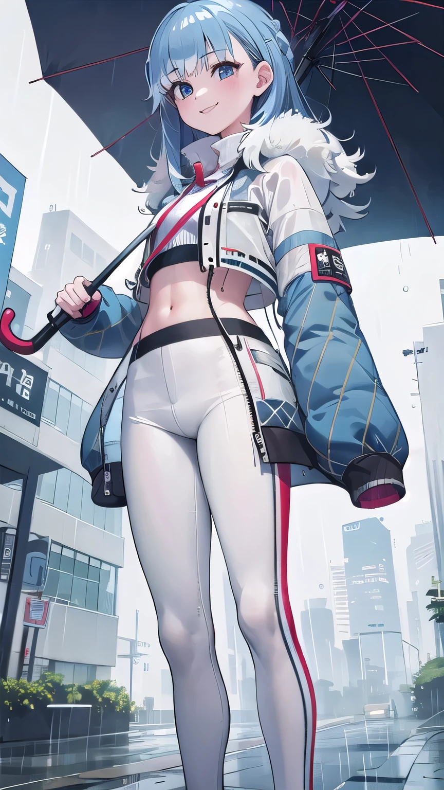 masterpiece, best quality, hd, perfect anatomy, 1girl, solo, KoboBase, see-through jacket, midriff, white jacket, tight pants, sleeves past wrists, open jacket, streets, standing, smile, blue hair, rainy, wet, holding umbrella