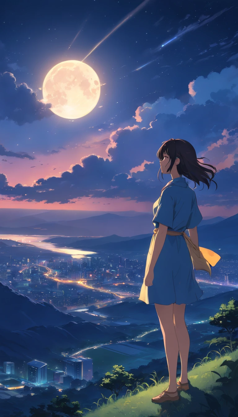 masterpiece, top quality, night, hill, clouds, full moon, long hair, woman, silhouette, firefly.