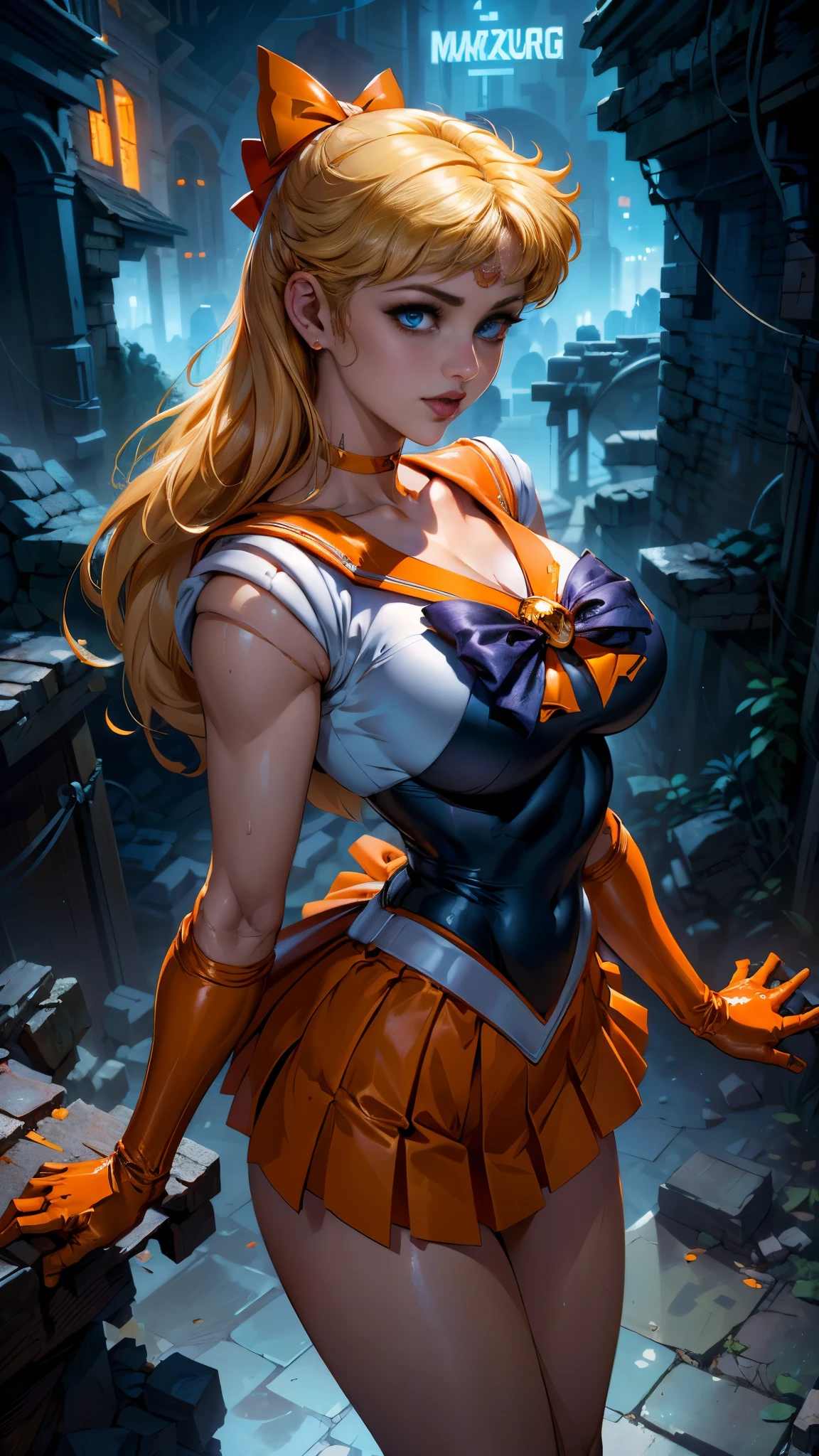 (La mejor calidad,A high resolution,Ultra - detallado,actual),Selena Gomez, (masterpiece, best quality;1.3), very detailed CG, very detailed, 1 girl, alone,  laugh,  looking at viewer, stylish angle, blonde long hair,blue eyes,
sv1, Sailor Sensi Uniform, Orange skirt, elbow bag, tiara, Orange Sailor Color, red bow, Orange Choker, white gloves, bijouterie, from above,,(Fondo de ruinas de mazmorra en ruinas cyberpunk :1.4 )
I have a lot of heart, face focus,venus,hurricane,abstract background, galaxy background,(Sailor Venus:1.4), (Sailor Venus V2.1), ,(Fondo de ruinas de mazmorra en ruinas piedras grandes cyberpunk :1.4 ),(perfect anatomy :1.4), (cinematic lighting :1.4),( dynamic cowboy pose), (fondo lluvia cayendo nublado tenebroso :1.4), (Selena Gomez :1.4), (Selena Gomez V2.1),( dedos detailed :1.4) 