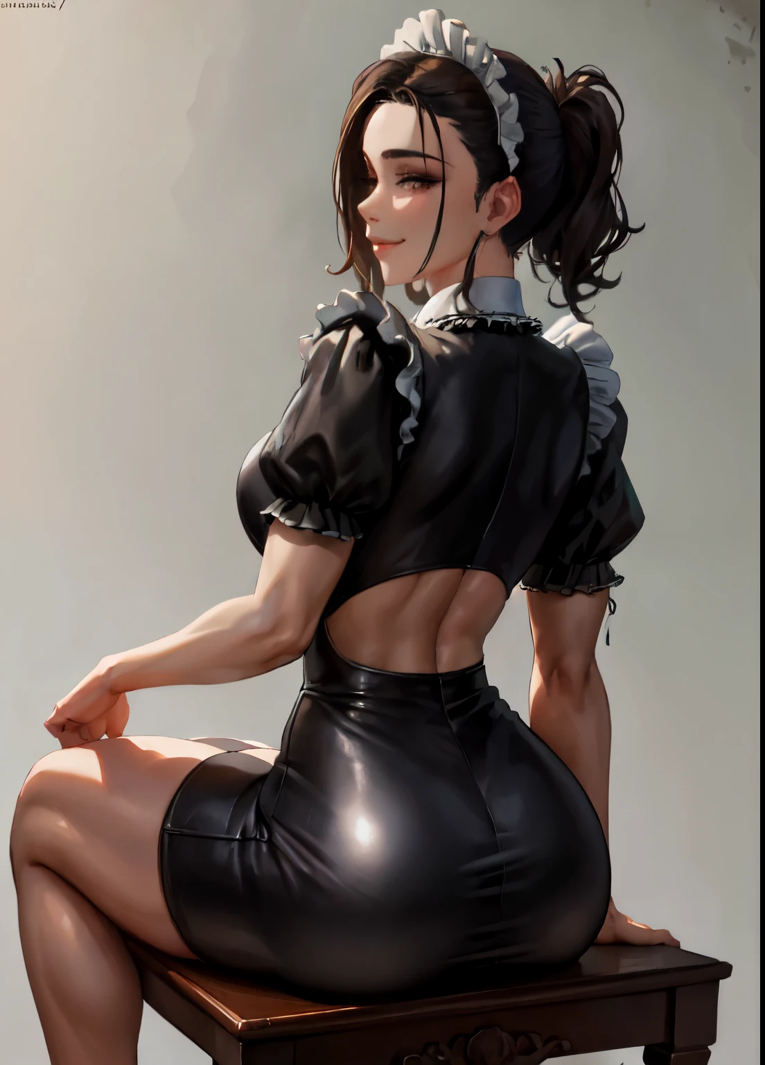 1girl, ass ,maid,victorian,shiny skin ,seductive smile,from behind,sitting,miniskirt, (masterpiece, high quality:1.2)