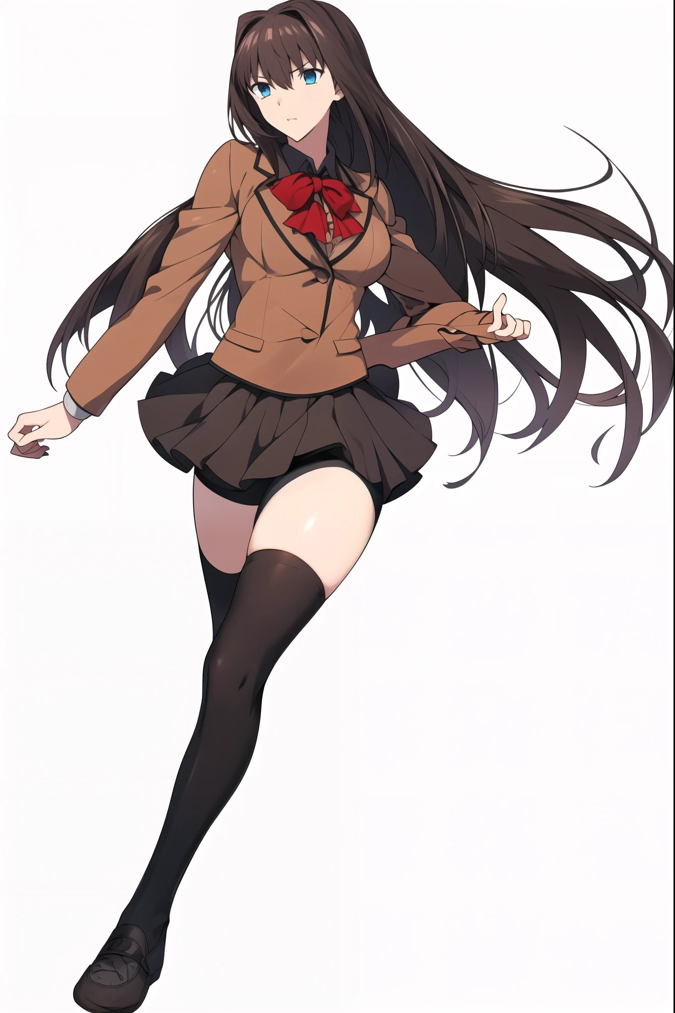 8k, highest quality, highest detail, AokoSchoolUniform, ((1girl)), (((solo))), (chestnut-brown hair with slightly reddish undertone), perfect face, red bowtie, beige blazer, (large breasts:1.2), well formed breasts. (Umber pleated mini-skirt:1.5), (black spandex shorts:1.4), (nice thighs:1.5), (black thigh-high hosiery:1.6), (brown Strap-Shoes), standing, (full body shot), (complete body in picture), (Full body visible), (white-empty background:1.4), completely empty background,
