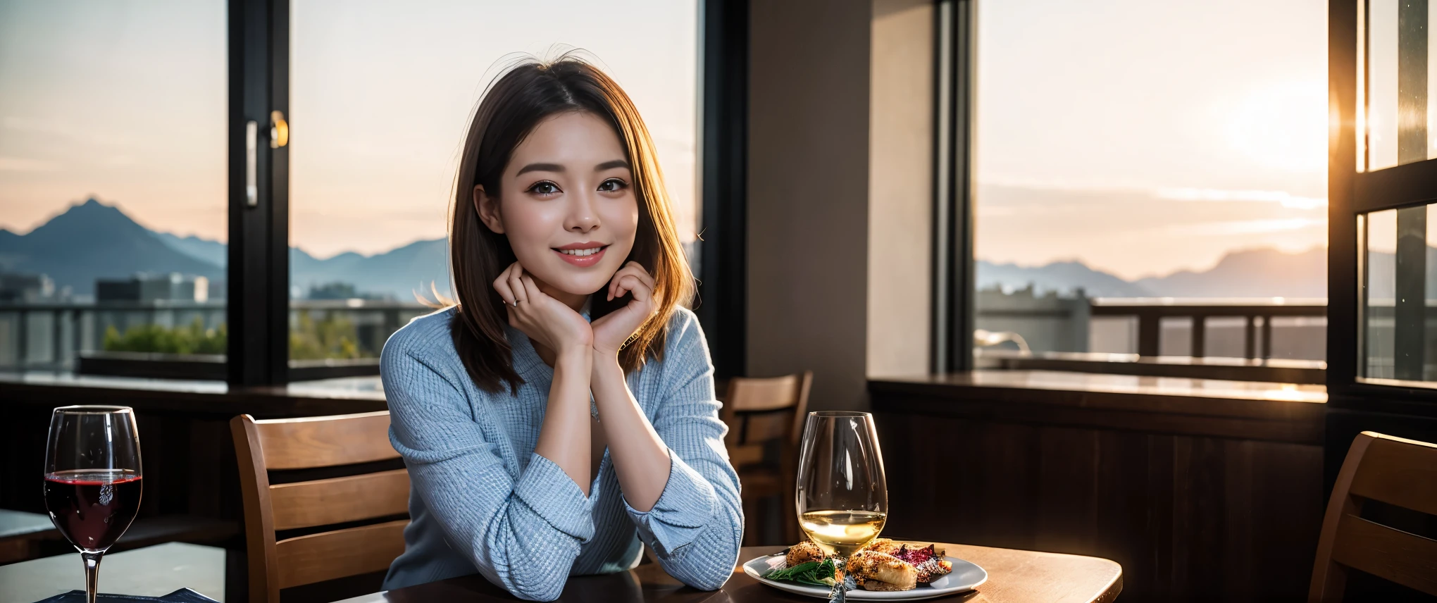((highest quality、8k、masterpiece:1.3))、Sharp focus:1.2、Beautiful woman perfect body:1.4、slimなボディ、((Bob Hale、Straight hair:1.2))、(to be born, highest quality, masterpiece:1.5), (Realistic, Intricate details:1.2), Wine on the table、, Put the light on your face、Amazing view of the sunset sky and clouds、Amazing mountain views、ニコニコ明るいsmile、smileの素敵な女性、Bright image、 The beauty of wine, Beautiful Face, blue eyes, The light shines on your face, Blushing, short hair,Bright Face、Fox face、 (42 years old), 39 years old, Lady、red wine 、Appetizers、Italian food、Wine bottle、Champagne、sparkling wine、Two beauties、Brown Hair、Shortcuts、Long sleeve shirt、dress、Pretty Woman 1, (slimな顔), (The body is slim), (Brown Hair), (Shortcuts), cheeks turn a little red,Attractive beauty、, Out of the window, A beautiful and detailed night view unfolds.........., restaurant, In a prominent place (From the waist up) Nova Frog Style, actress, model, Upper Body, White wine, slim, wine glass, 真ん中に置かれたwine glass, smile, (smile: 1.15), Beautiful fine grain, Depth f/2,saturation, High Contrast, Strong light and shadow,Moist Body:1.5、3D texture、Delicate eyes、Brown Hair、The hair is very shiny、