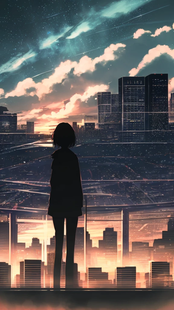 anime,silhouette,1girl, star (sky), cloud, cityscape, building, city, outdoors, skyscraper, city lights, night, night sky, sunset, skyline