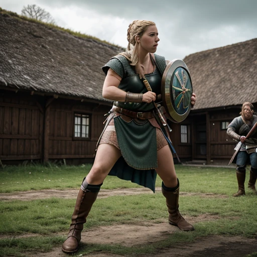 A shieldmaiden Lagertha Lodbrok fights in a big battle against 2 Englishmen with sword and shield,schlachtfeld kriegsschauplatz,leichen,Gloomy atmosphere, high quality, detailed, ultra-detailliert, realistic, High Resolution, Meisterwerk, 4k,8k